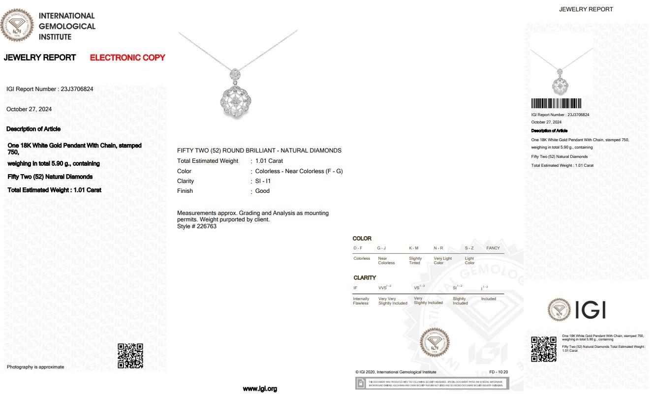 Women's Elegant 1.01ct Diamonds Necklace in 18k White Gold - IGI Certified