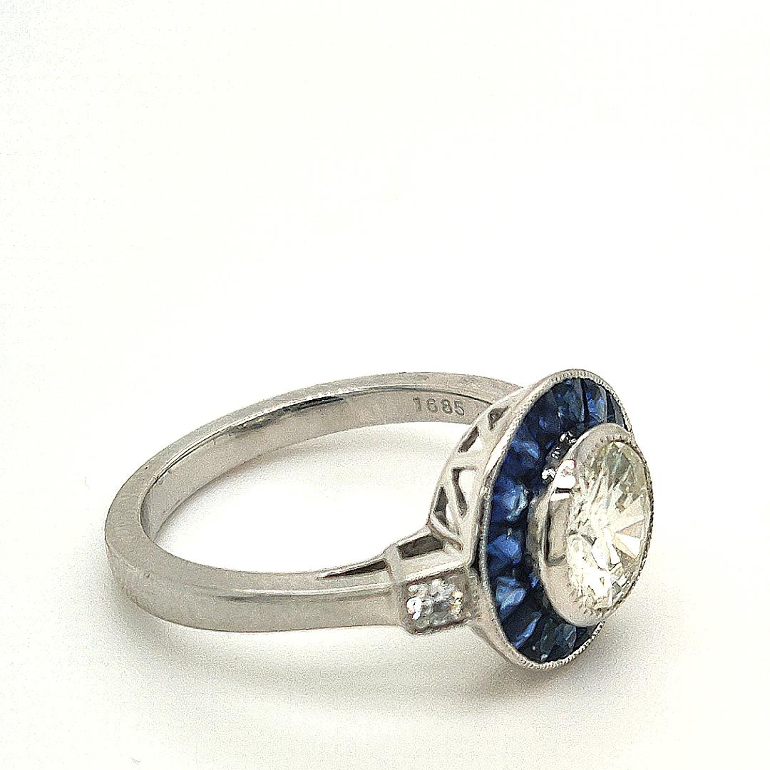 Round Cut Sophia D. 1.06 Carat Diamond and Blue Sapphire Art Deco Platinum Ring For Sale