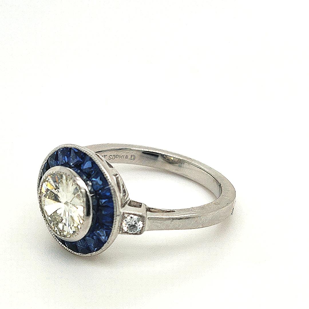 Sophia D. 1.06 Carat Diamond and Blue Sapphire Art Deco Platinum Ring In New Condition For Sale In New York, NY