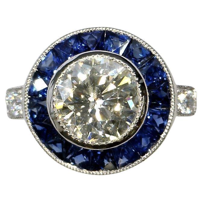 Sophia D. 1.06 Carat Diamond and Blue Sapphire Art Deco Platinum Ring For Sale