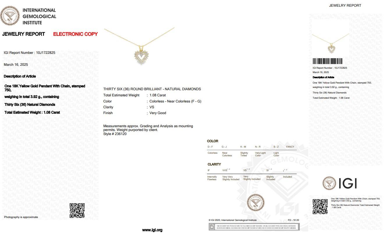 Elegant 1.08ct Diamonds Necklace with Heart-Shaped Pendant in 18k Yellow Gold 1