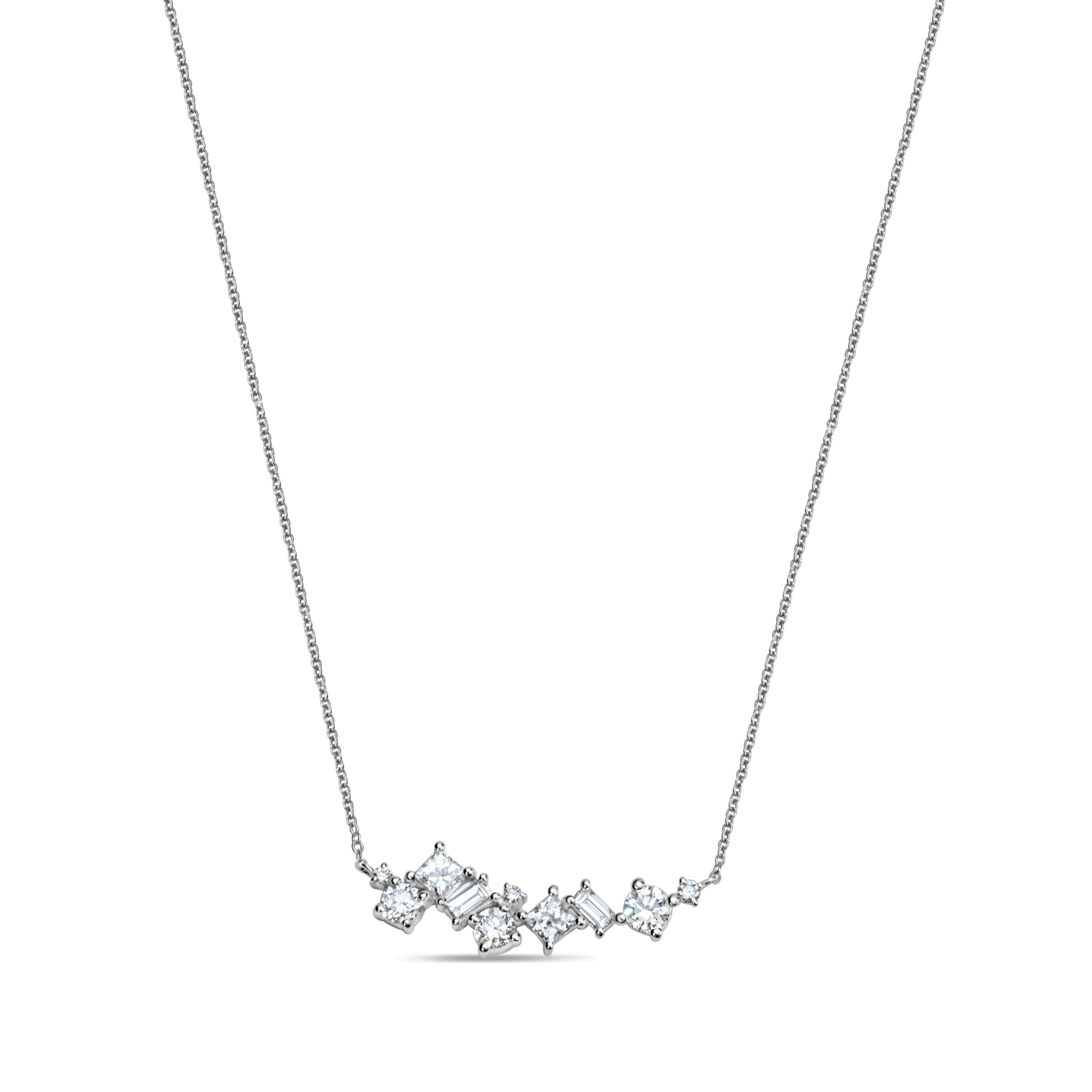 Fashion necklace made with 14k white gold, featuring fancy diamonds totaling 1.08 carats. The diamonds are graded F-G for color, indicating they are near-colorless with excellent quality, and have an SI (Slightly Included) clarity rating, meaning