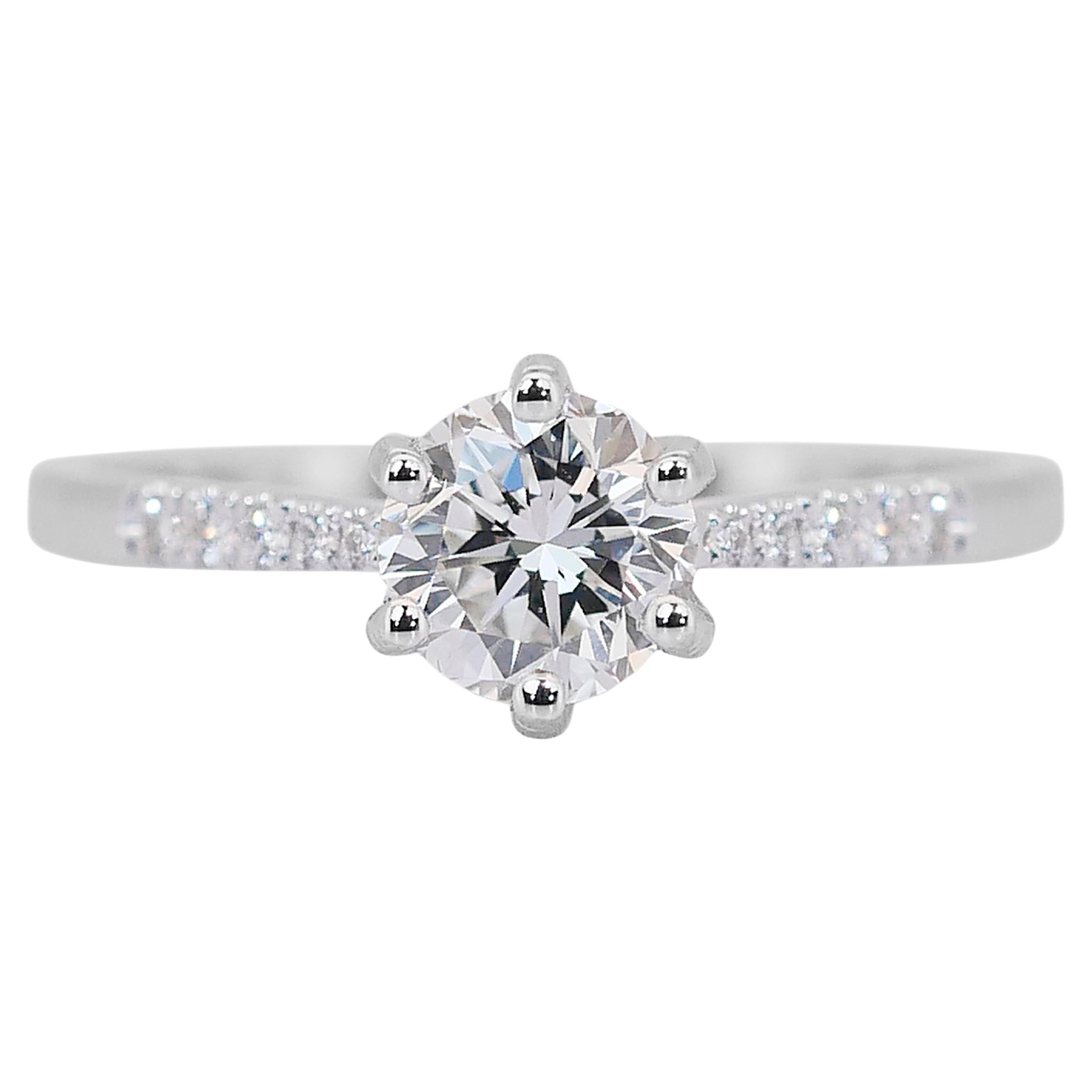 Elegant 1.10ct Triple Excellent Ideal Cut Diamonds Pave Ring in 18k White Gold