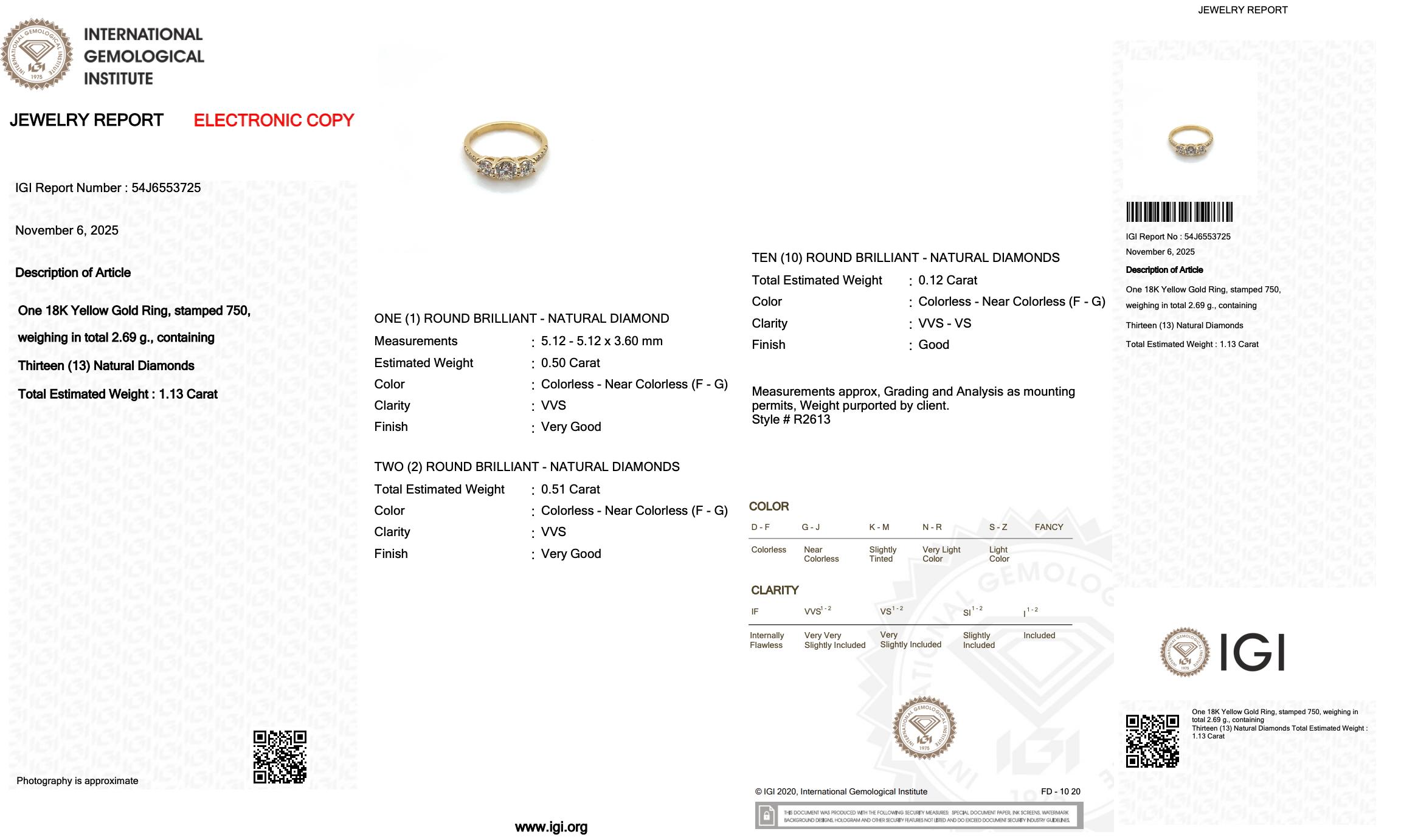 Elegant 1.13ct Diamonds 3-Stone Ring in 18k Yellow Gold - IGI Certified (bague à 3 pierres en or jaune 18k) Pour femmes en vente