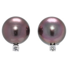 Elegant 11.77mm Brown South Sea Pearl & 0.12ct Diamond Stud Earrings