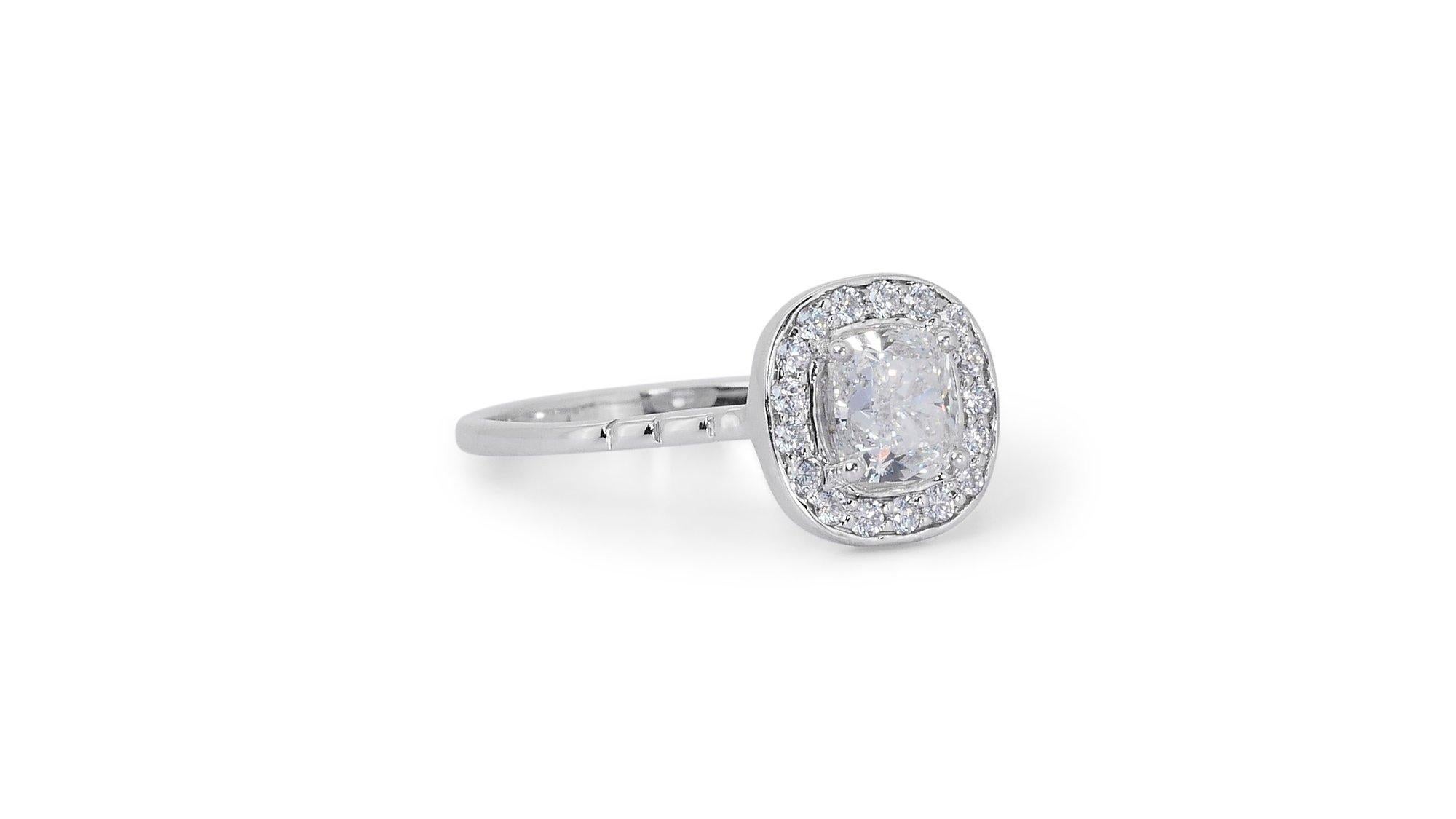 Elegant 1.17ct Diamonds Halo Ring in 18k White Gold - GIA Certified

Embrace the allure of pure elegance with this sophisticated 18k white gold diamond halo ring, centered around a flawless 1.00-carat cushion-cut diamond. Complementing the main