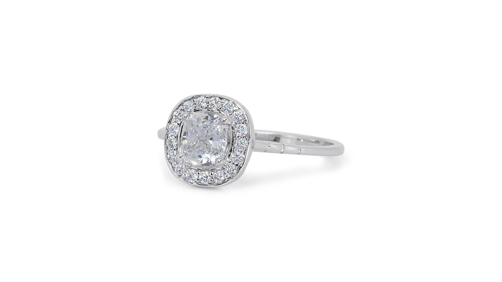 Cushion Cut Elegant 1.17ct Diamonds Halo Ring in 18k White Gold - GIA Certified For Sale