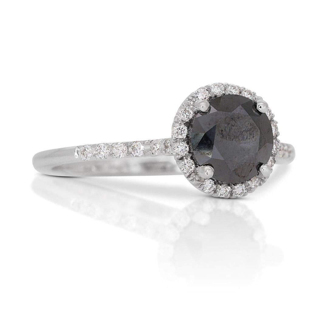 Round Cut Elegant 1.18ct Black Diamond Ring in 14K White Gold For Sale
