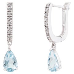 Elegant 1.19Ct Natural Aquamarine & Diamond Drop Hoop Earrings in 14K White Gold