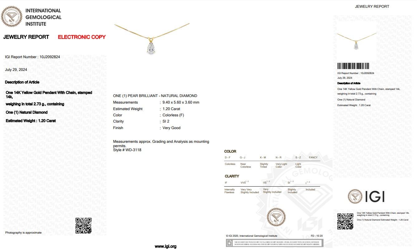 Elegant 1.20ct Diamond Solitaire Necklace with Pendant in 14k Yellow Gold - IGI For Sale 1