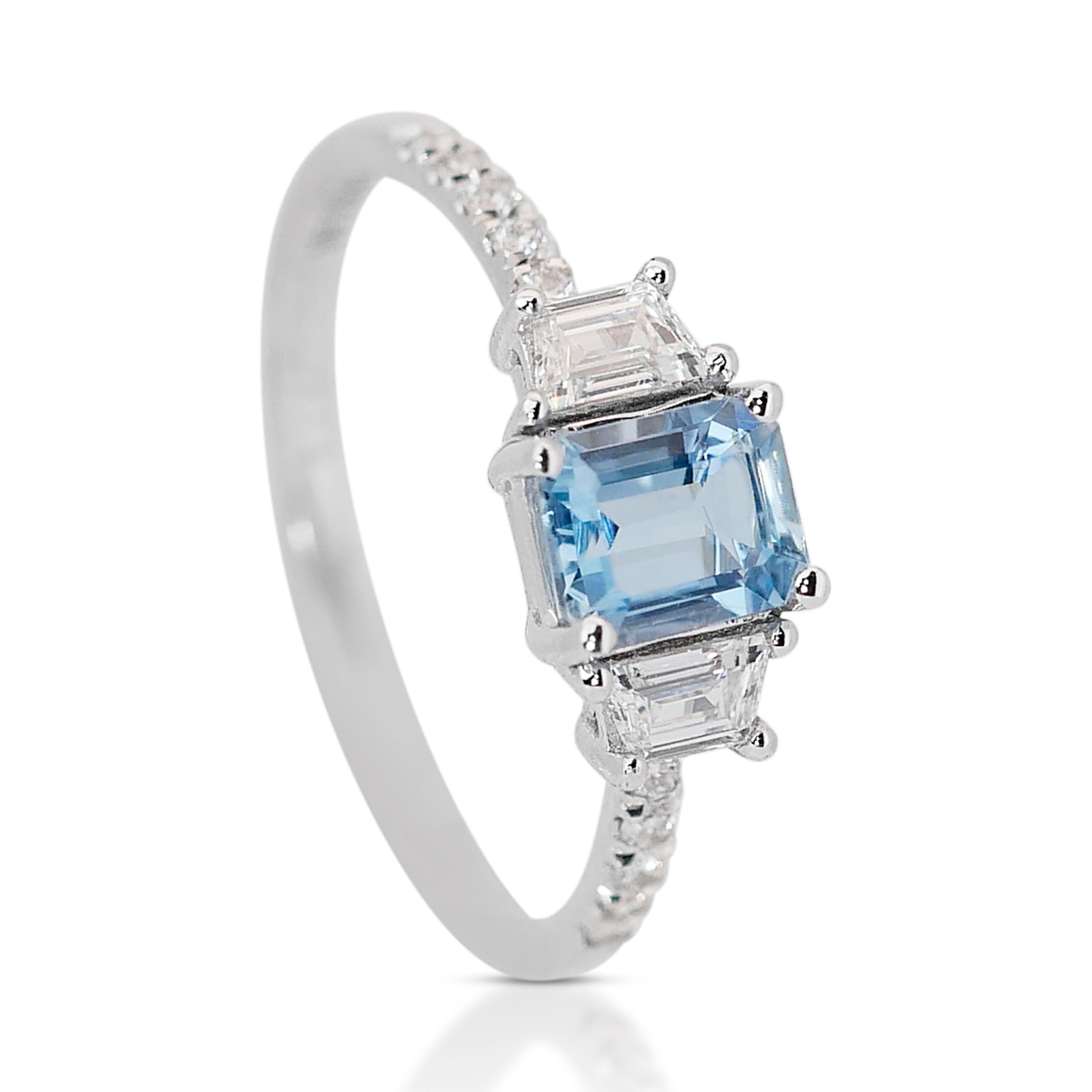 Emerald Cut Elegant 1.28ct Aquamarine and Diamonds 3-Stone Ring in 18k White Gold - IGI Cert For Sale