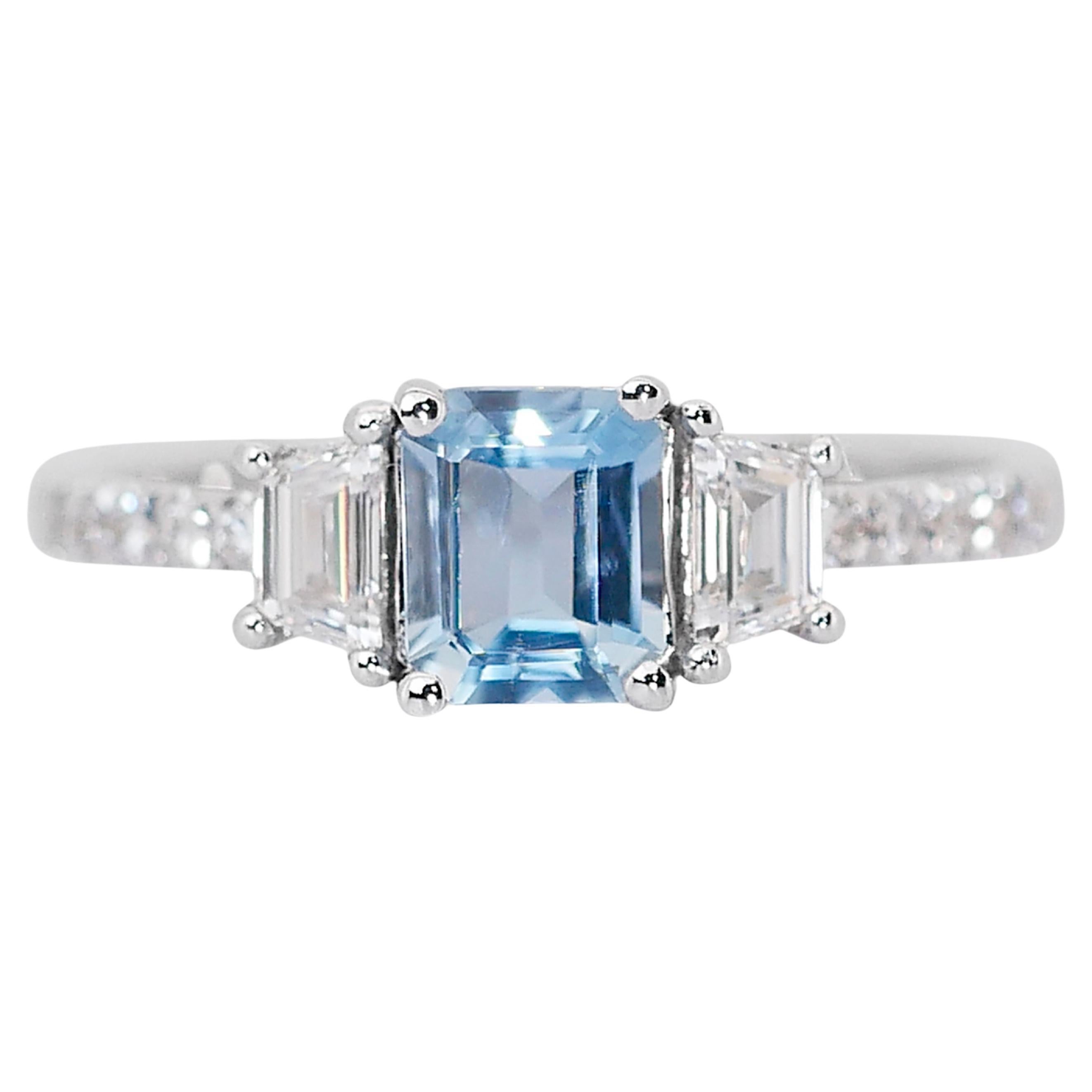 Elegant 1.28ct Aquamarine and Diamonds 3-Stone Ring in 18k White Gold - IGI Cert For Sale