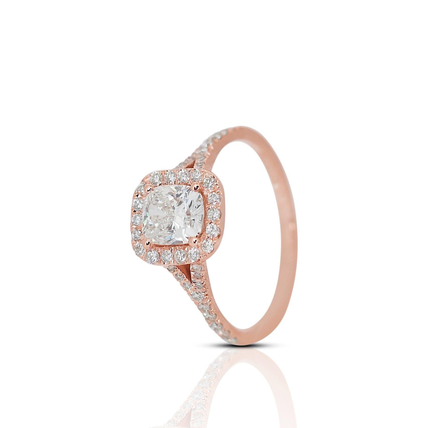 Cushion Cut Elegant 1.28ct Diamond Halo Ring in 18k Rose Gold – GIA Certified For Sale