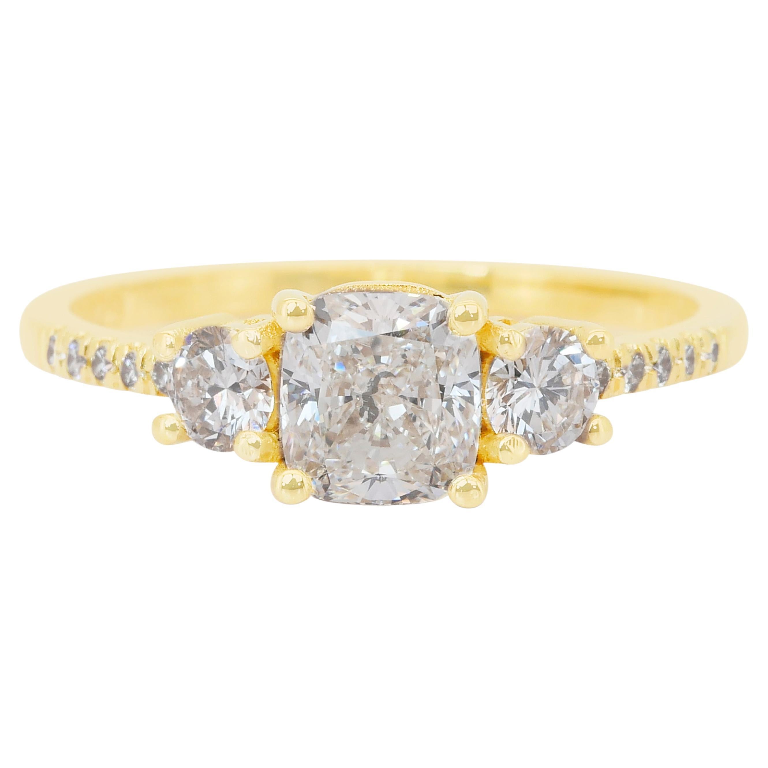 Elegant 1.28ct Diamonds 3-Stone Ring in 18k Yellow Gold - IGI Certified (bague à 3 pierres en or jaune 18k)