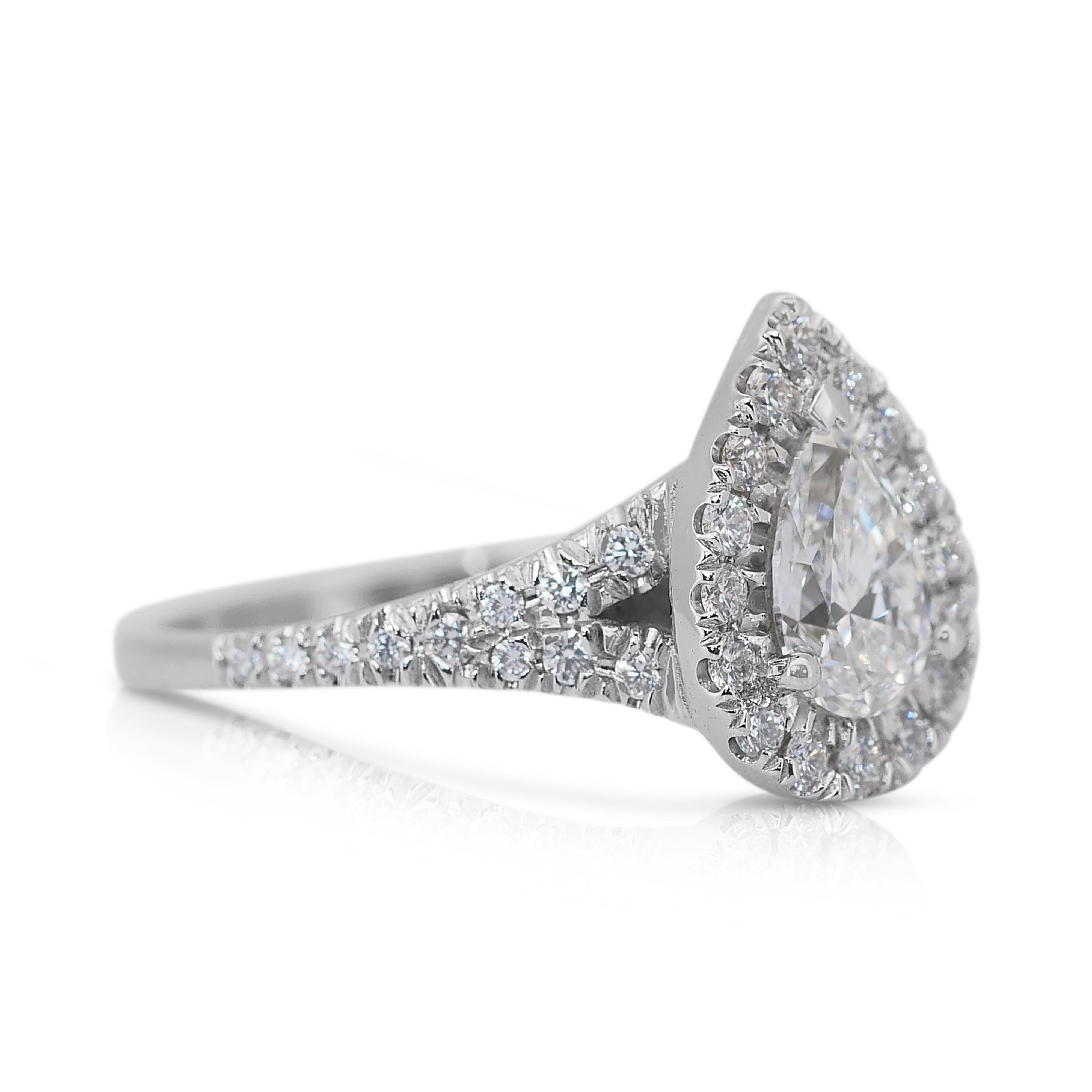 Eleganter Halo-Ring mit 1,28 Karat Diamanten aus 18 Karat Weißgold - IGI-zertifiziert (Tropfenschliff)