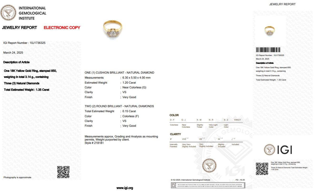 Eleganza: anello a tre pietre con 1,35 carati di diamanti in oro giallo 18 carati - certificato IGI in vendita 1