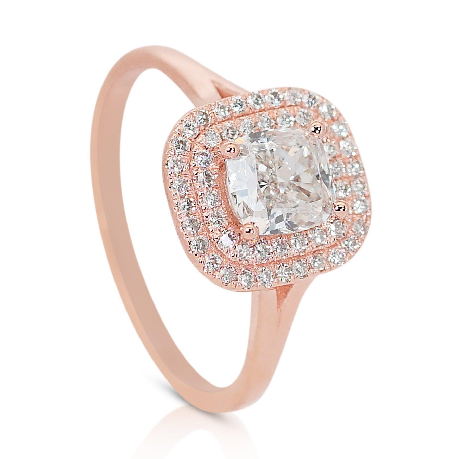 Elegant 1.41ct Diamonds Double Halo Ring in 18k Rose Gold - GIA Certified For Sale 1