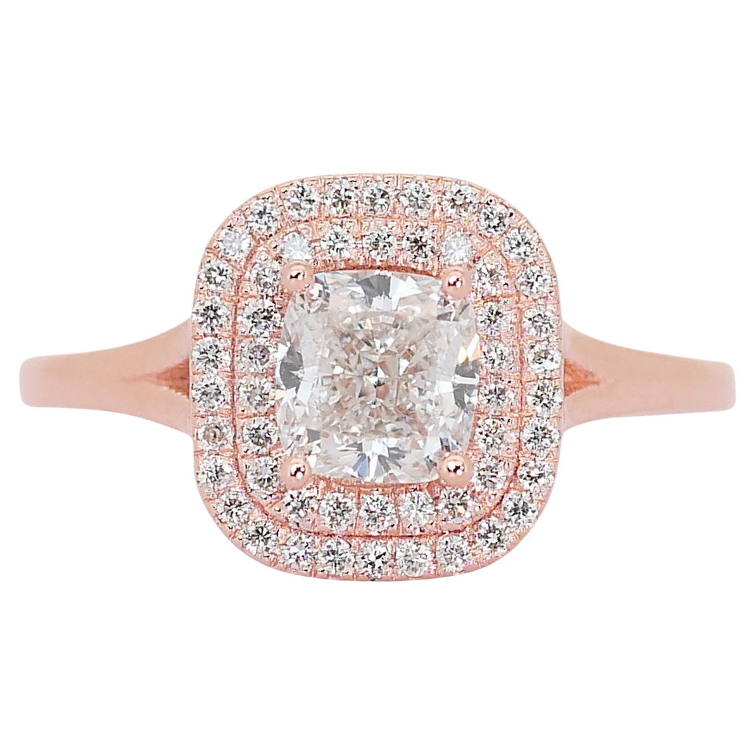 Elegant 1.41ct Diamonds Double Halo Ring in 18k Rose Gold - GIA Certified For Sale