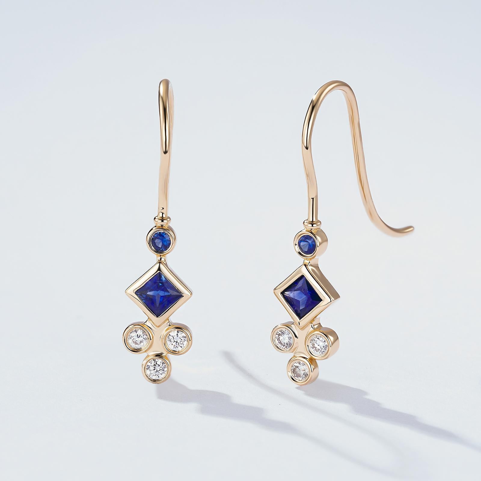 Elegant 14K (18K Custom) Gold Sapphire Diamond Drop Earrings For Sale