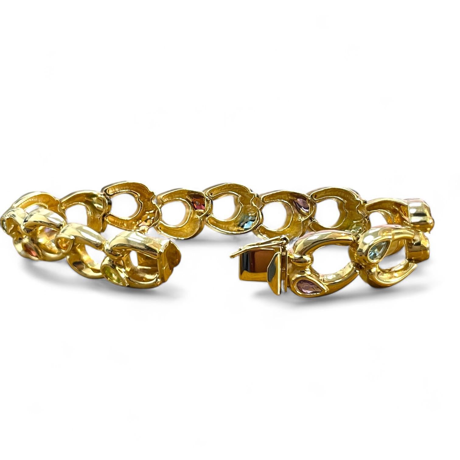 Bracelet élégant en or 14 carats avec maillons ovales imbriqués et pierres précieuses colorées Excellent état - En vente à New York, NY