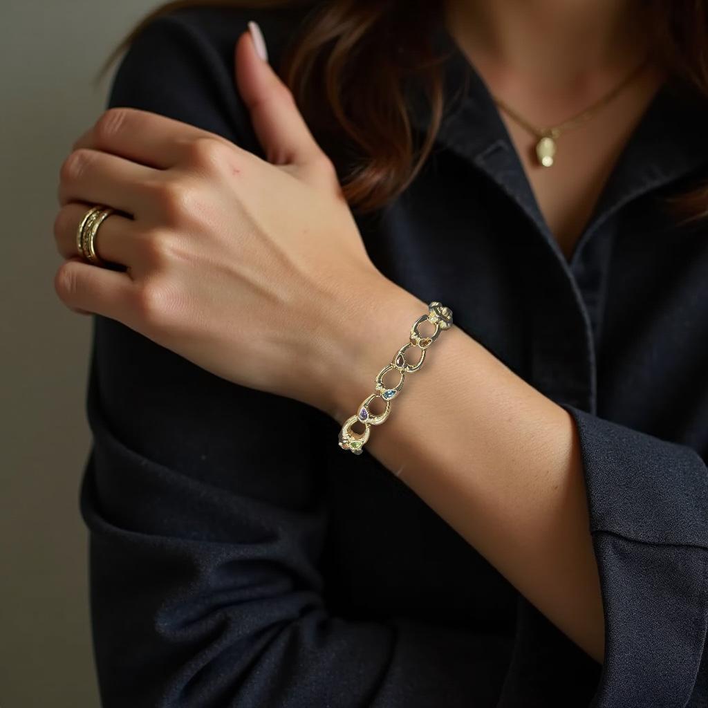 Bracelet élégant en or 14 carats avec maillons ovales imbriqués et pierres précieuses colorées Unisexe en vente