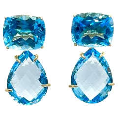 Élégantes boucles d'oreilles en goutte en or 14 carats avec topaze bleue en forme de poire et taille coussin