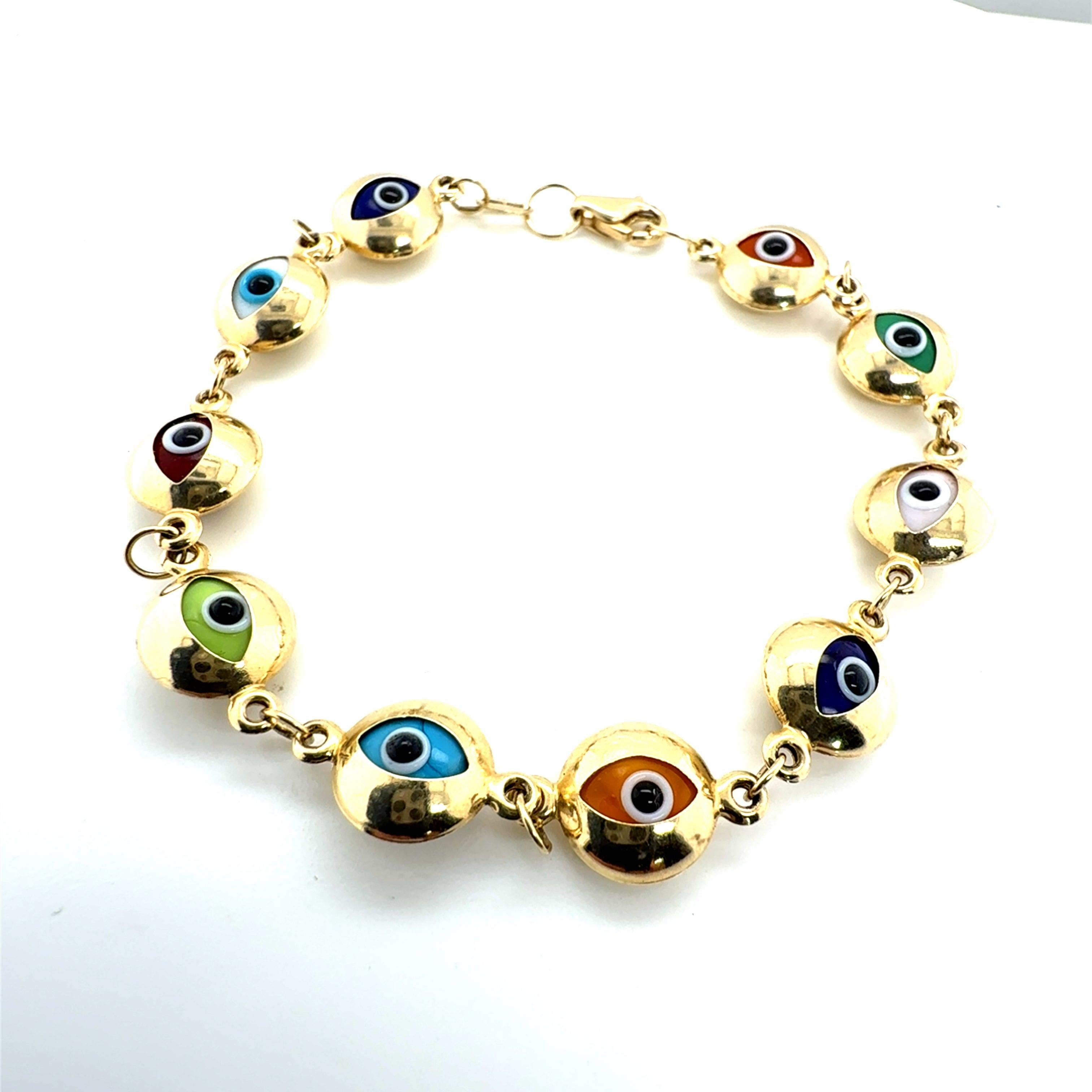 Elegante Pulsera de Ojos de la Suerte de Oro de 14 K con Detalles Multicolor, 6,75 de Largo Moderno en venta