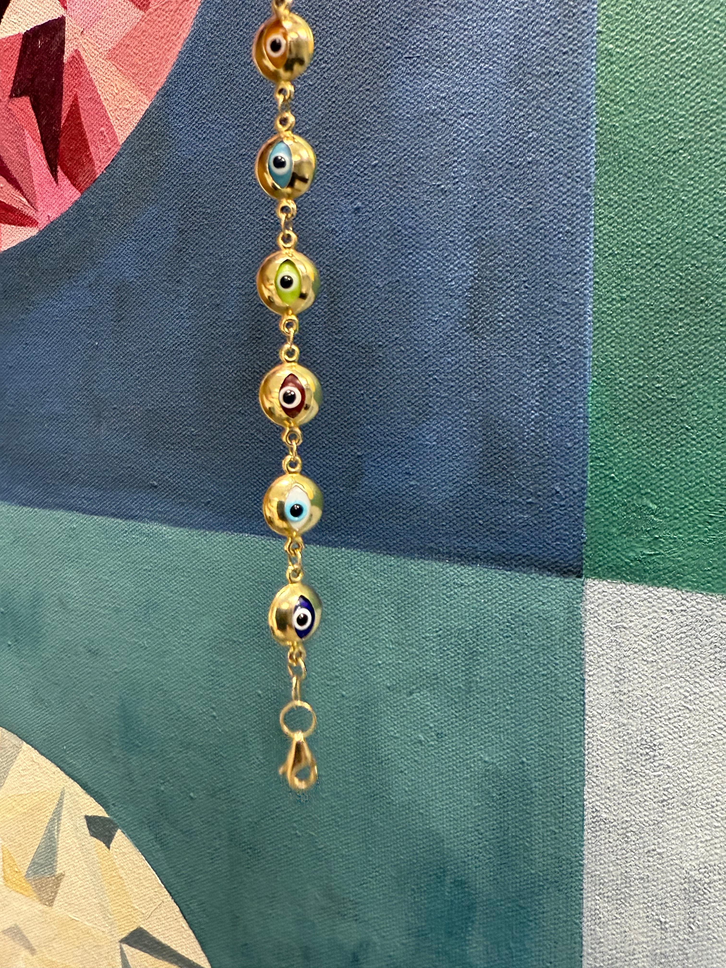 Elegante Pulsera de Ojos de la Suerte de Oro de 14 K con Detalles Multicolor, 6,75 de Largo en Bueno estado para la venta en Los Angeles, CA