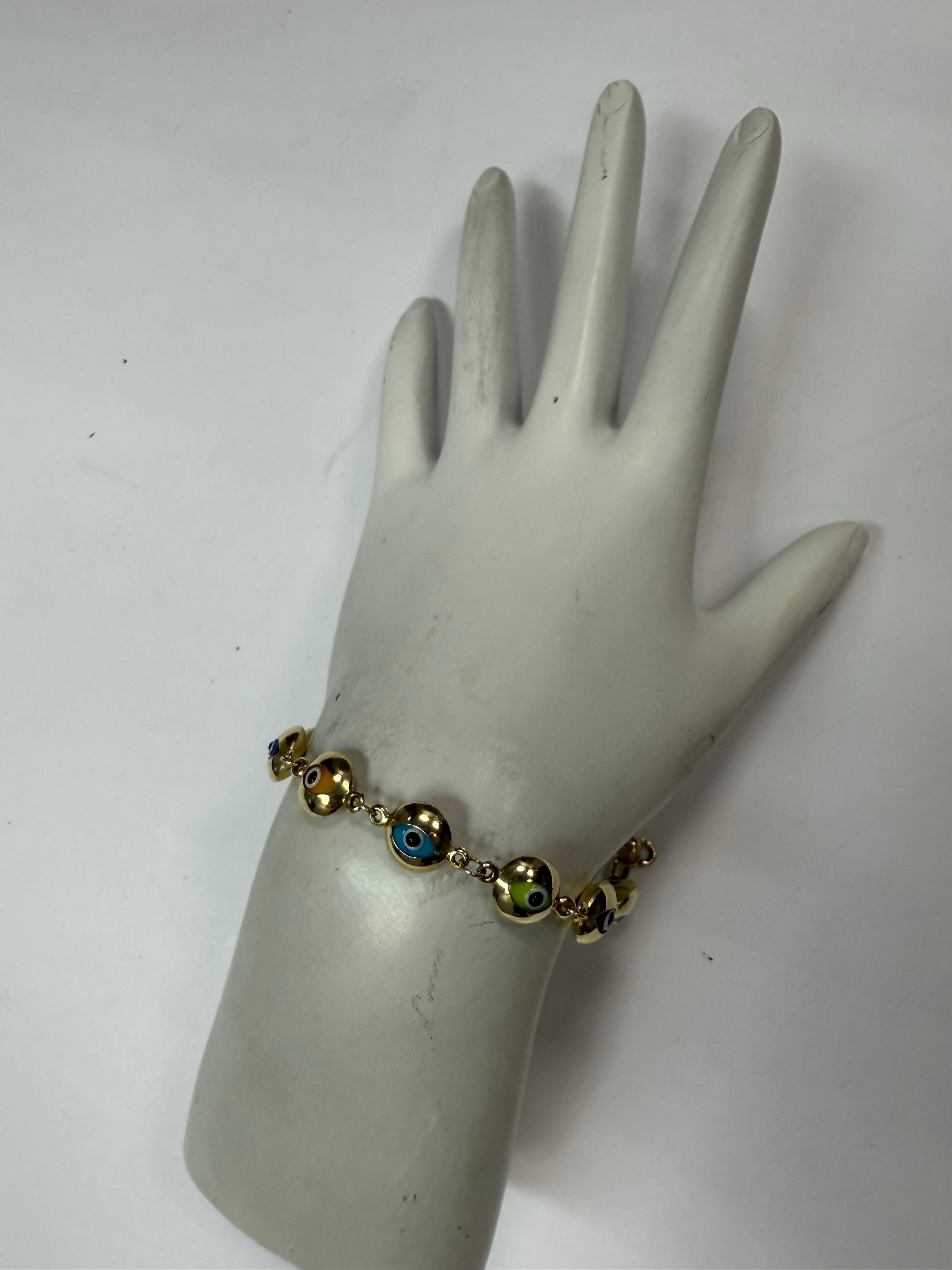De las mujeres Elegante Pulsera de Ojos de la Suerte de Oro de 14 K con Detalles Multicolor, 6,75 de Largo en venta