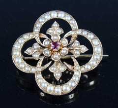 Elegant 14K Gold Ruby and Seed Pearl Crescent Floral Brooch with Fleur-de-Lis In