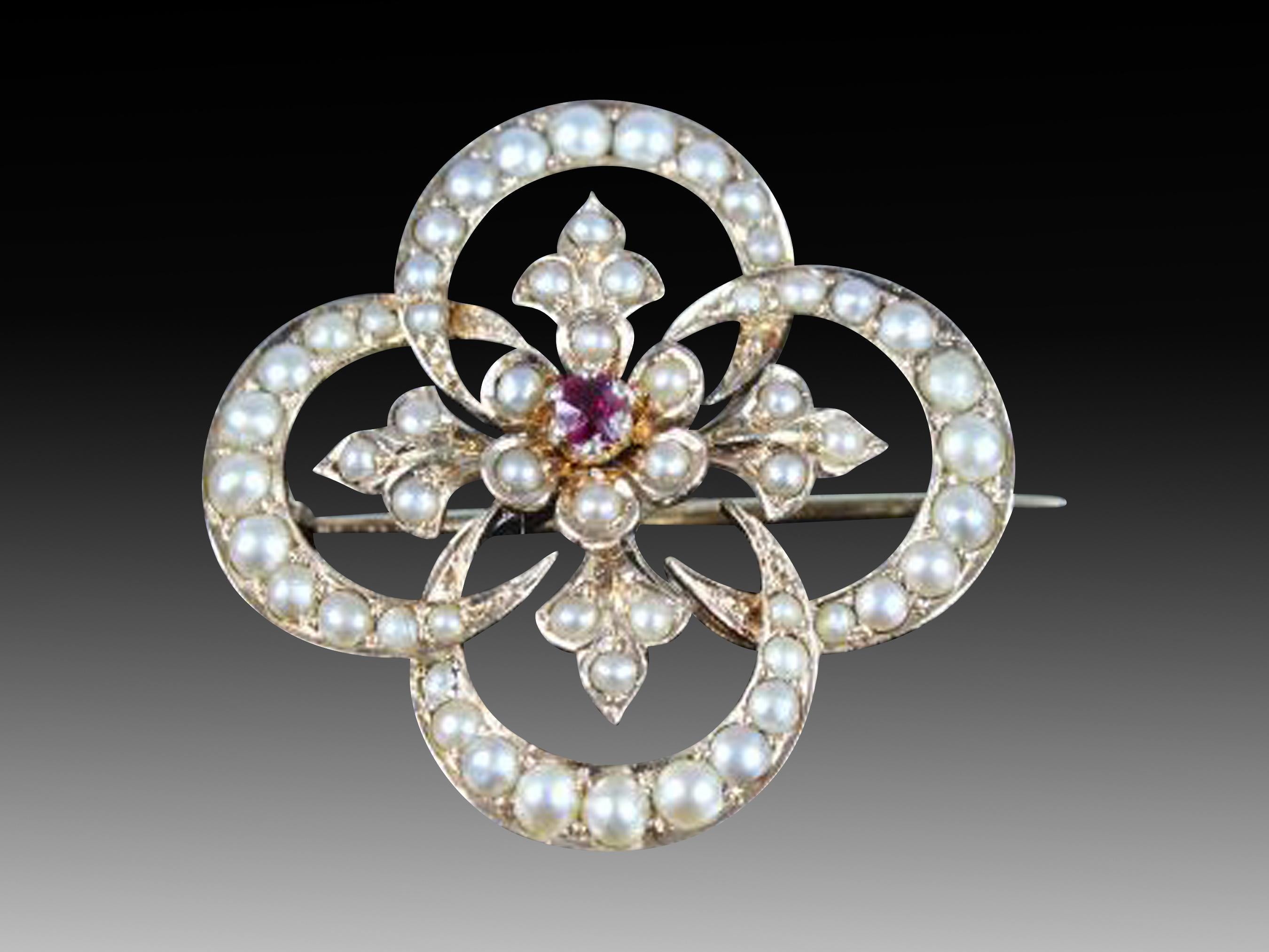 Early Victorian Elegant 14K Gold Ruby and Seed Pearl Crescent Floral Brooch with Fleur-de-Lis In For Sale