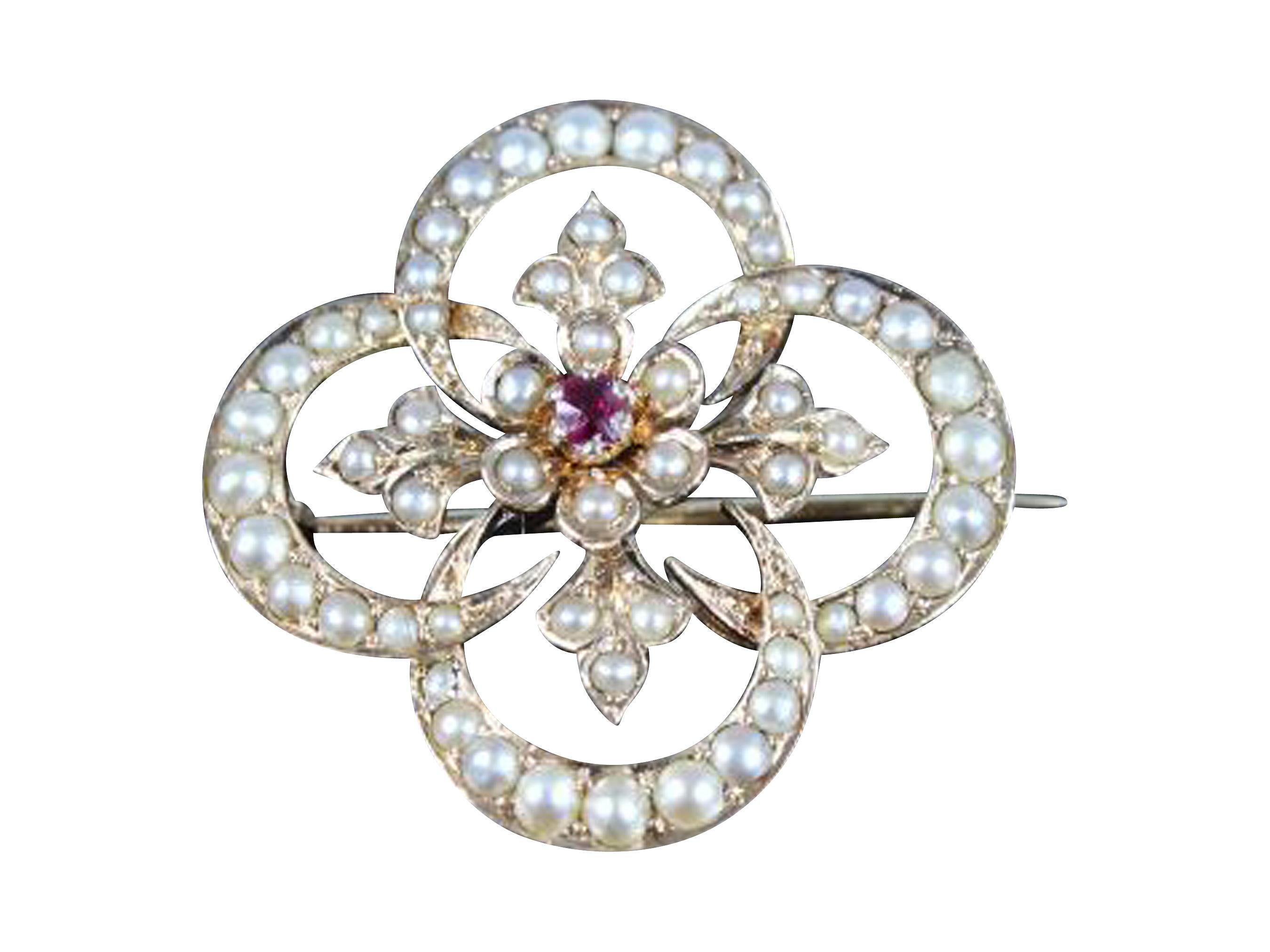 Elegant 14K Gold Ruby and Seed Pearl Crescent Floral Brooch with Fleur-de-Lis In For Sale 1