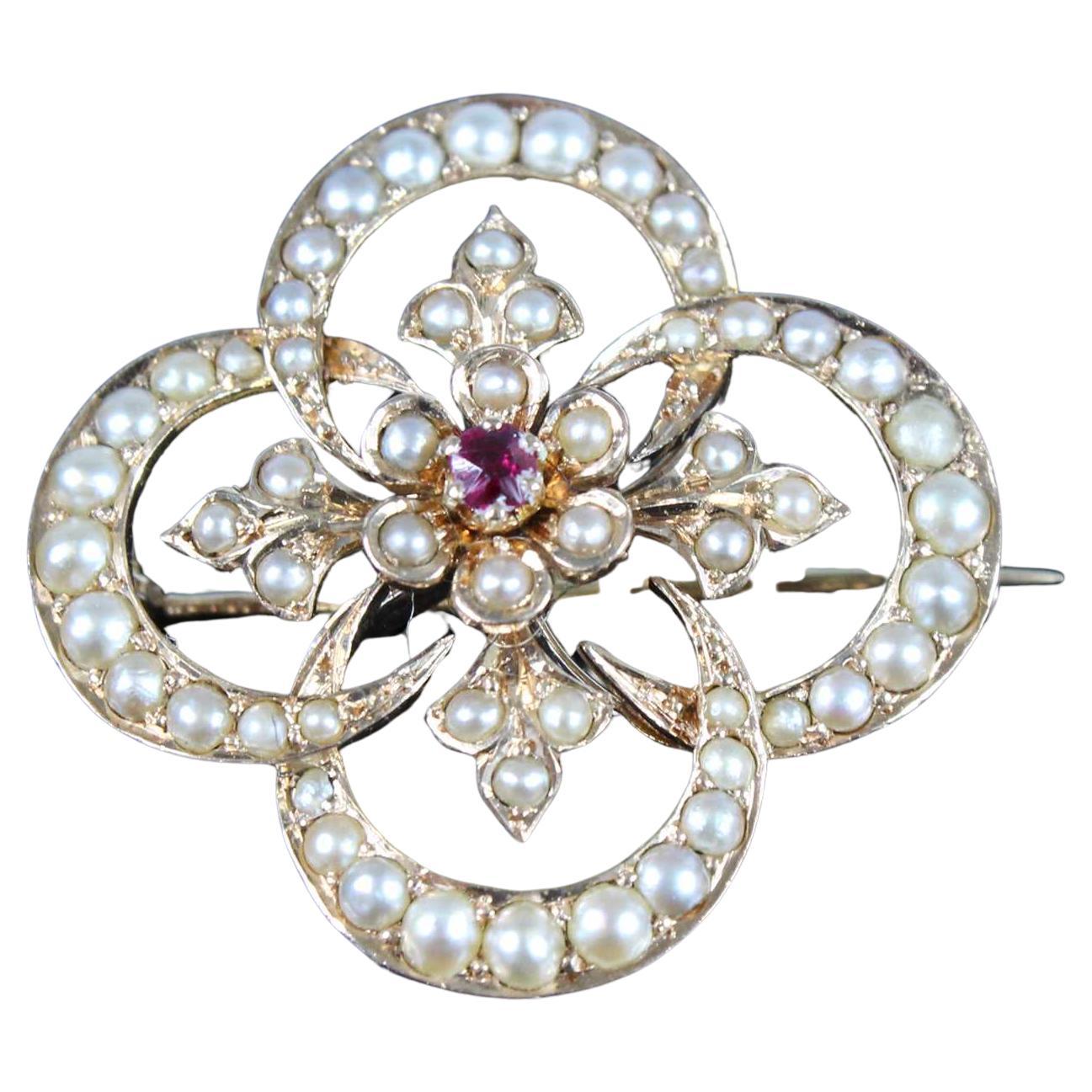 Elegant 14K Gold Ruby and Seed Pearl Crescent Floral Brooch with Fleur-de-Lis In For Sale