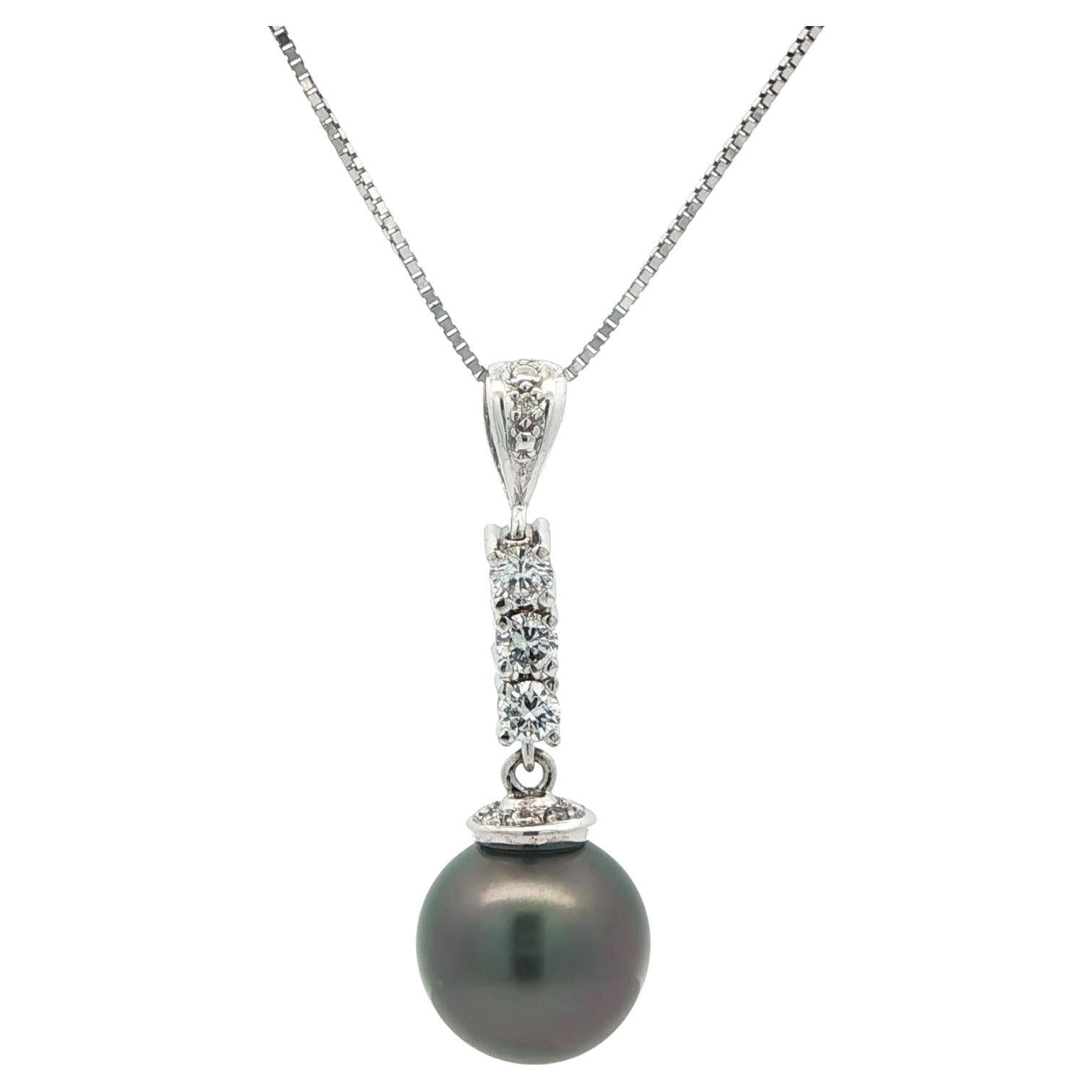 Elegant 14k Gold & Silver Tahitian Pearl w/ Diamond Drop Dangle Pendant Necklace