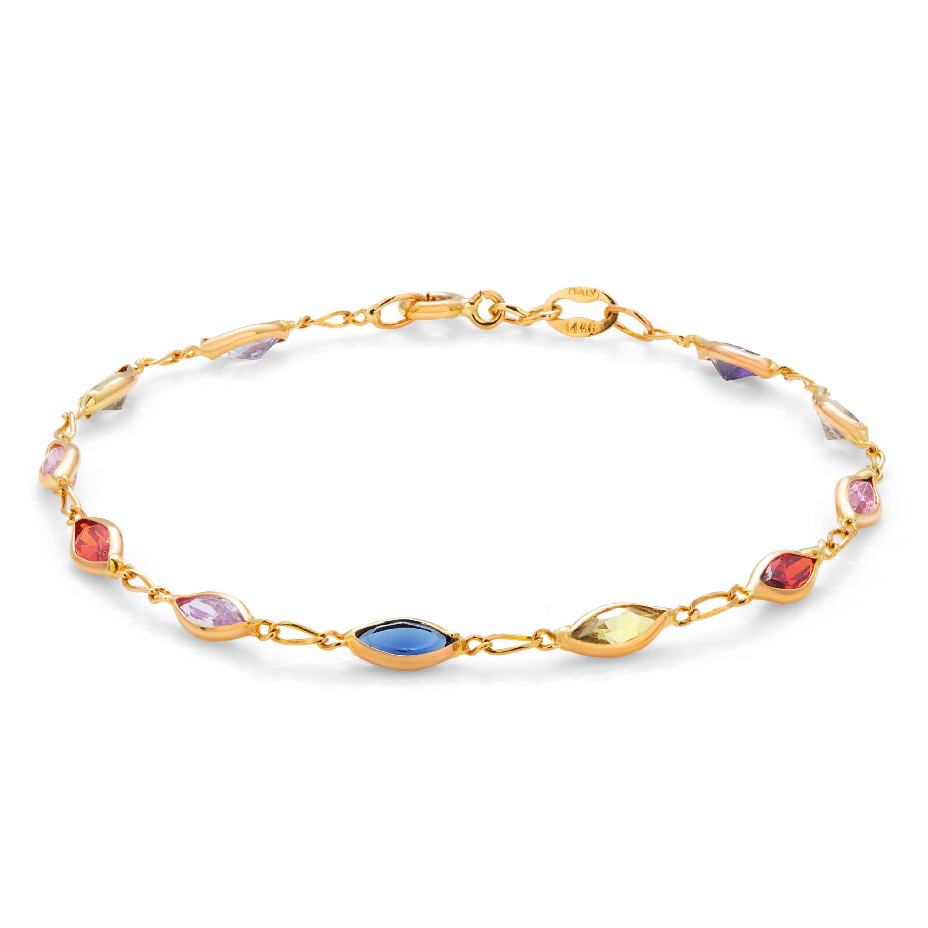 Femenino o masculino Elegante pulsera apilable de piedras preciosas multicolor de oro amarillo italiano de 14 quilates en venta