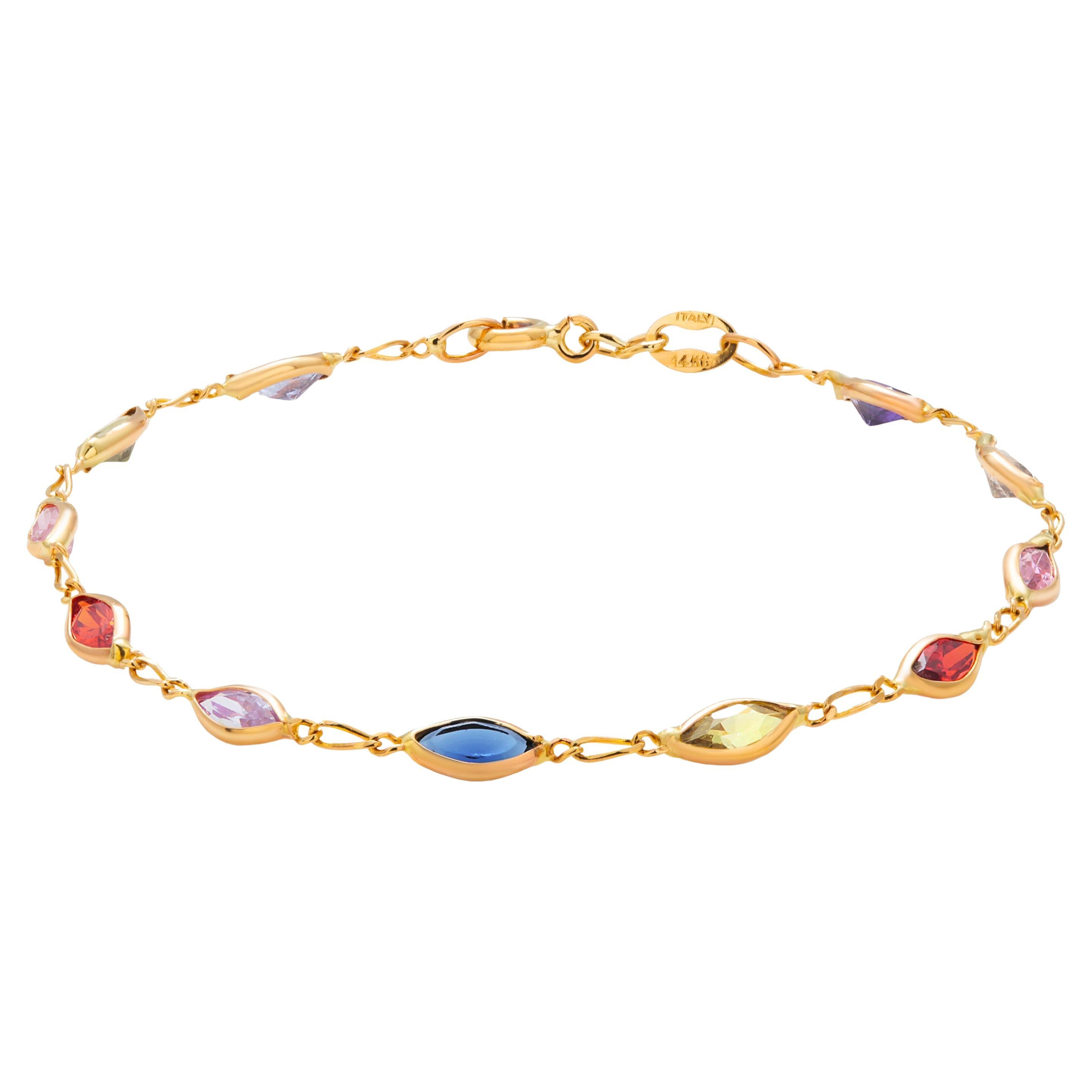 Elegant 14K Italian Yellow Gold Multi-Colored Gemstone Stacking Bracelet