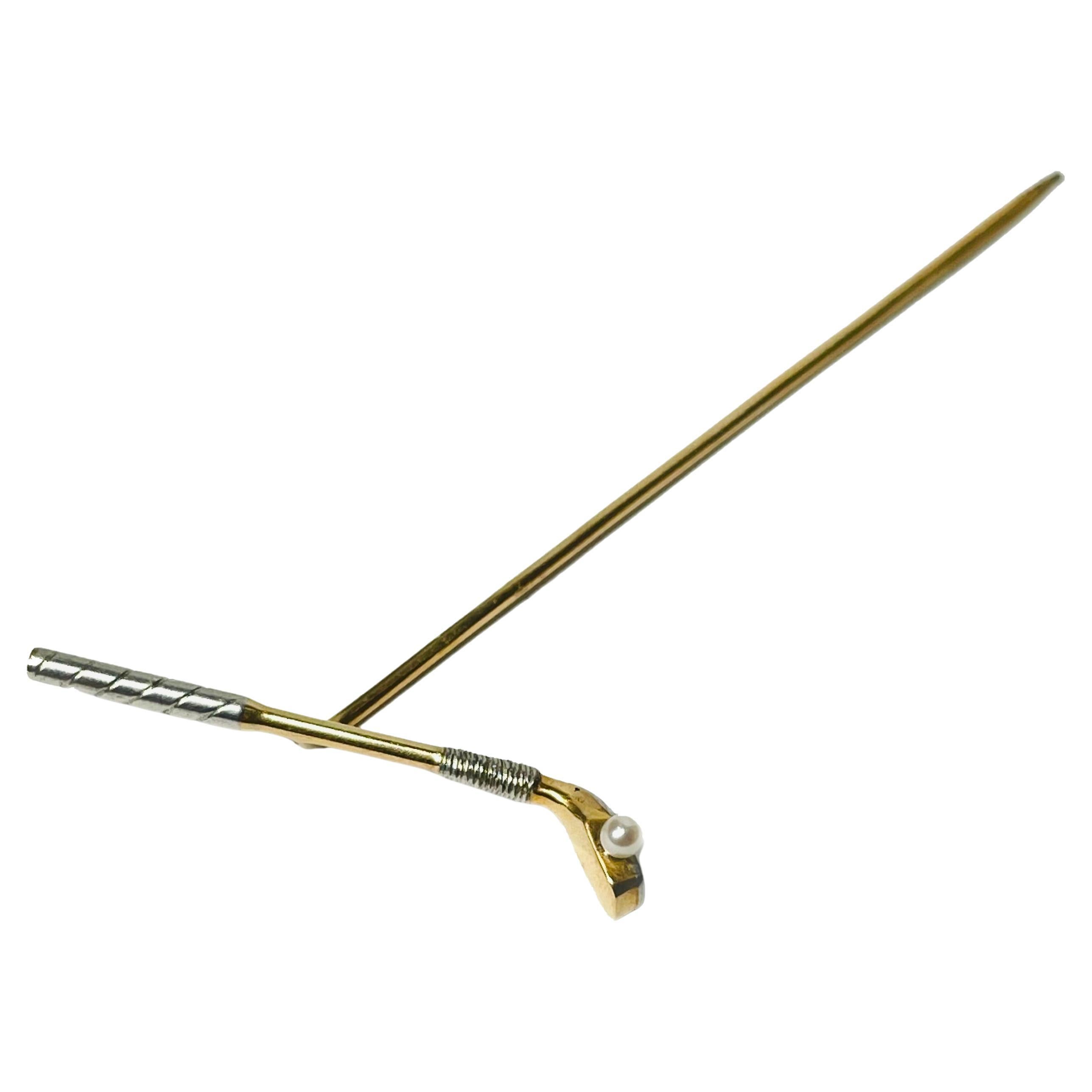 Elegance spilla a bastone per mazze da golf in platino 14K con pallina di perla coltivata bianca naturale