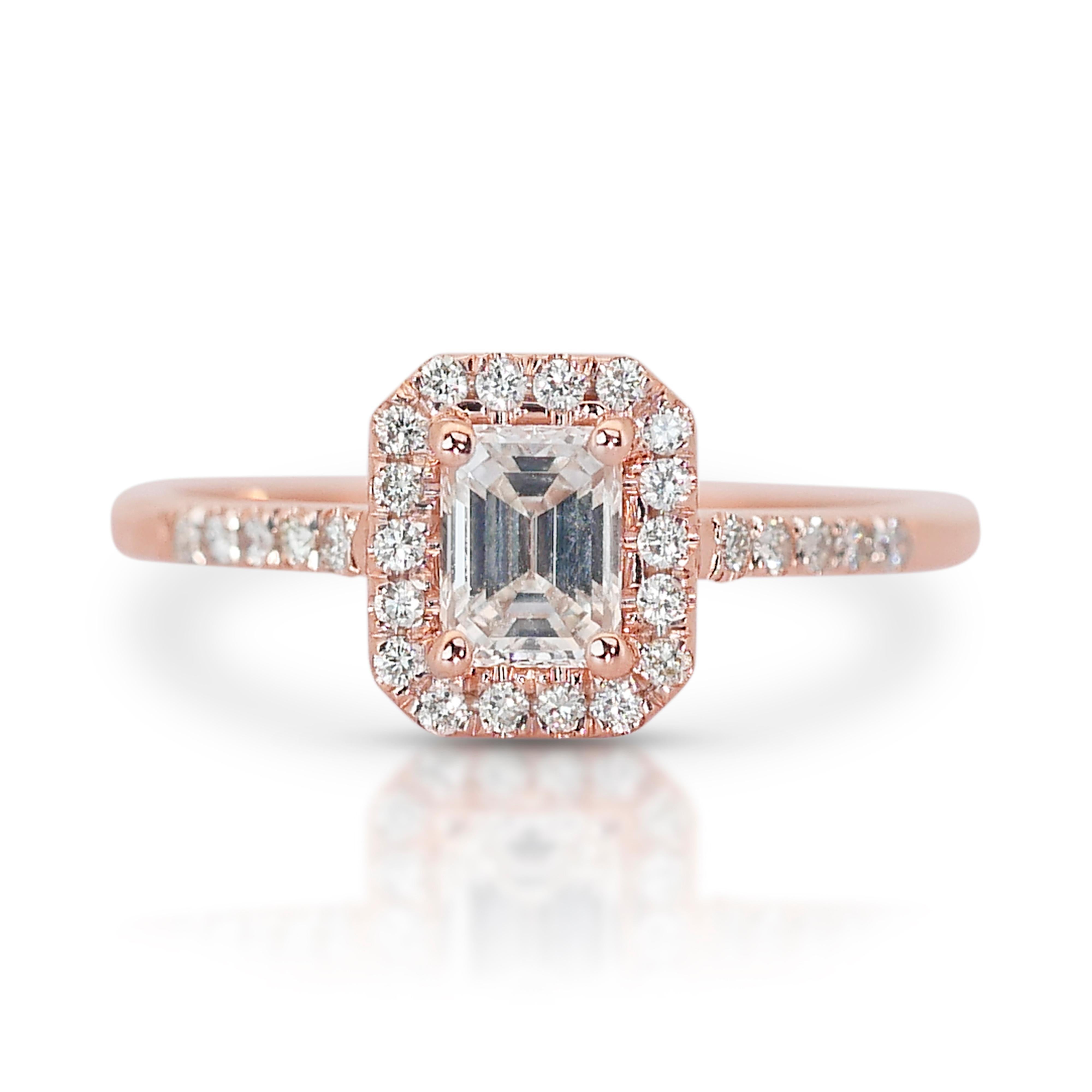 Emerald Cut Elegant 14k Rose Gold Diamond Halo Ring w/0.70 ct - IGI Certified