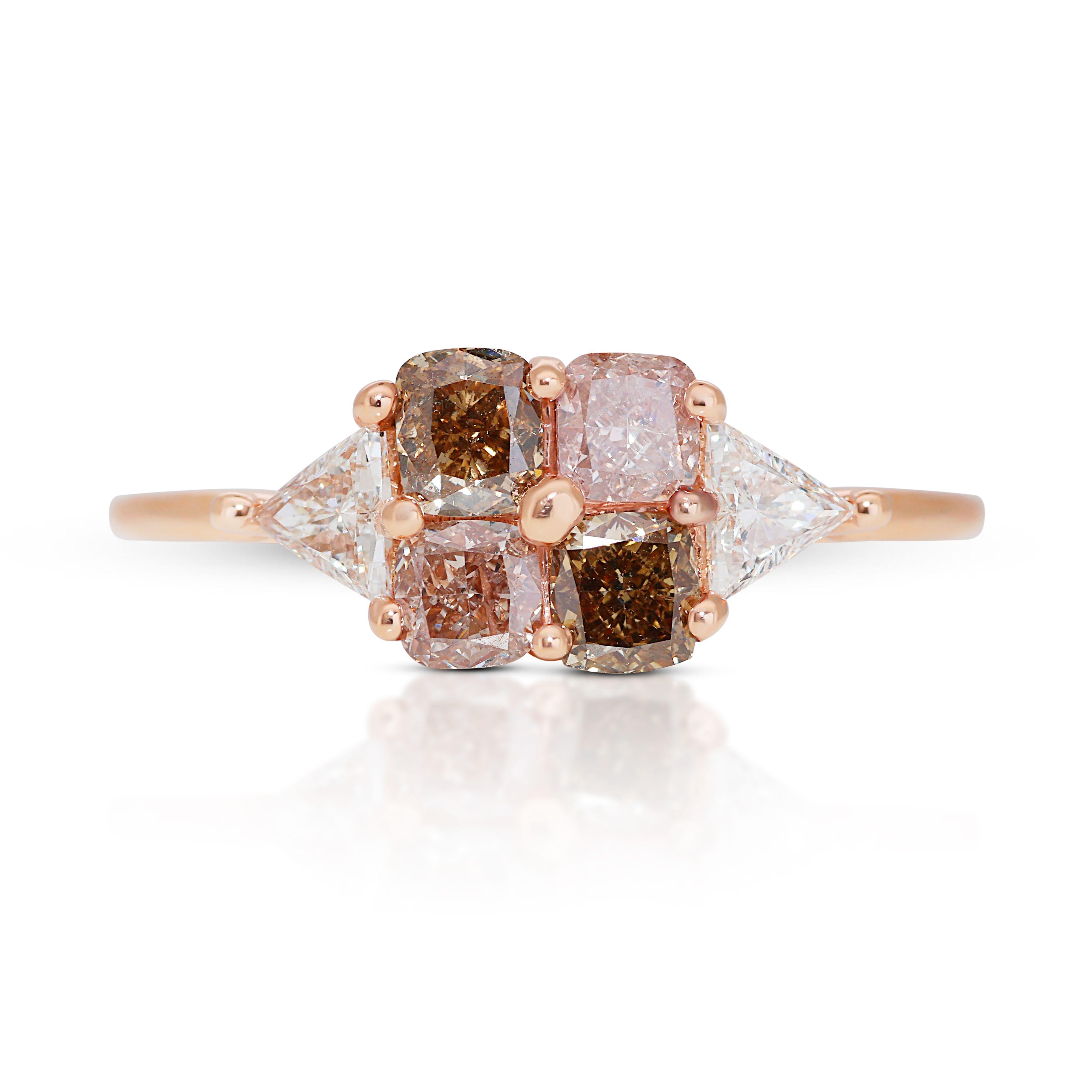 Elegant 14k Rose Gold Multi-Color Ring with 1.16 Ct Natural Diamonds, NGI Cert For Sale