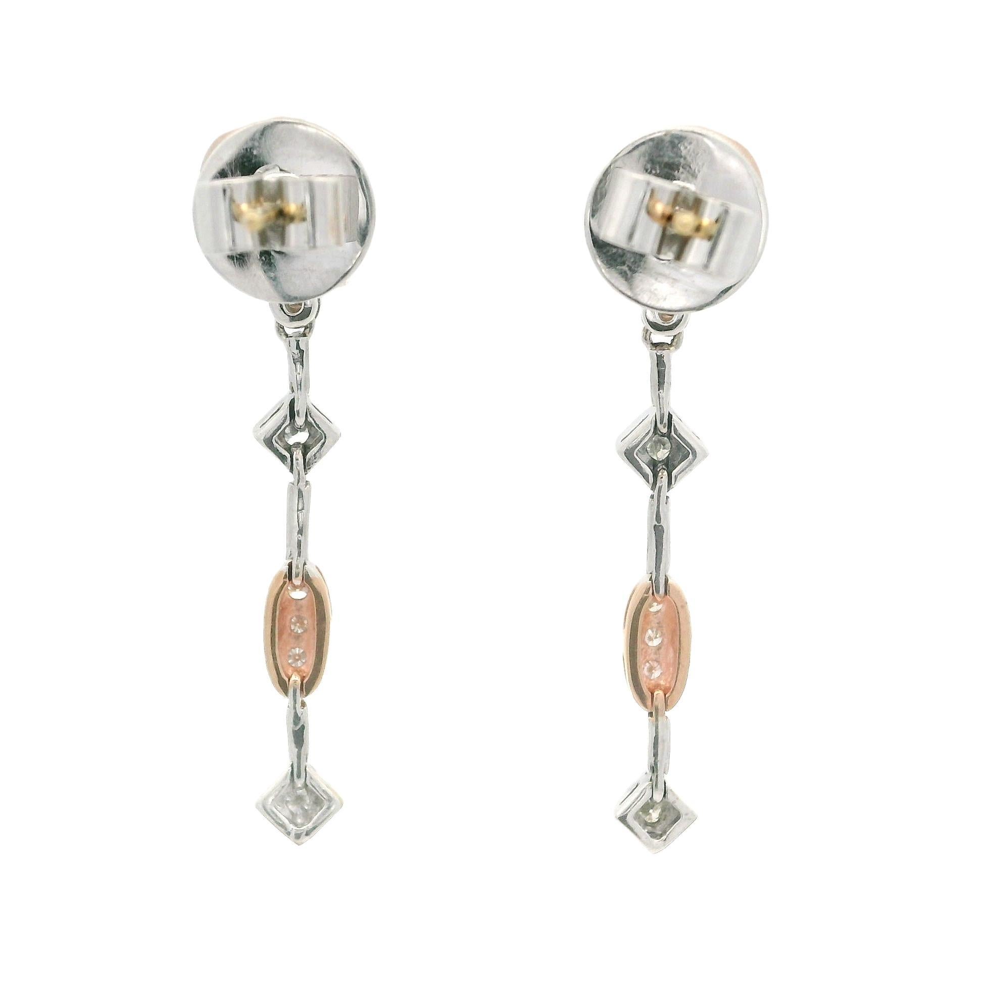 Élégantes boucles d'oreilles pendantes en or rose et blanc 14 carats avec diamants pavés 0,34 carat en vente 5