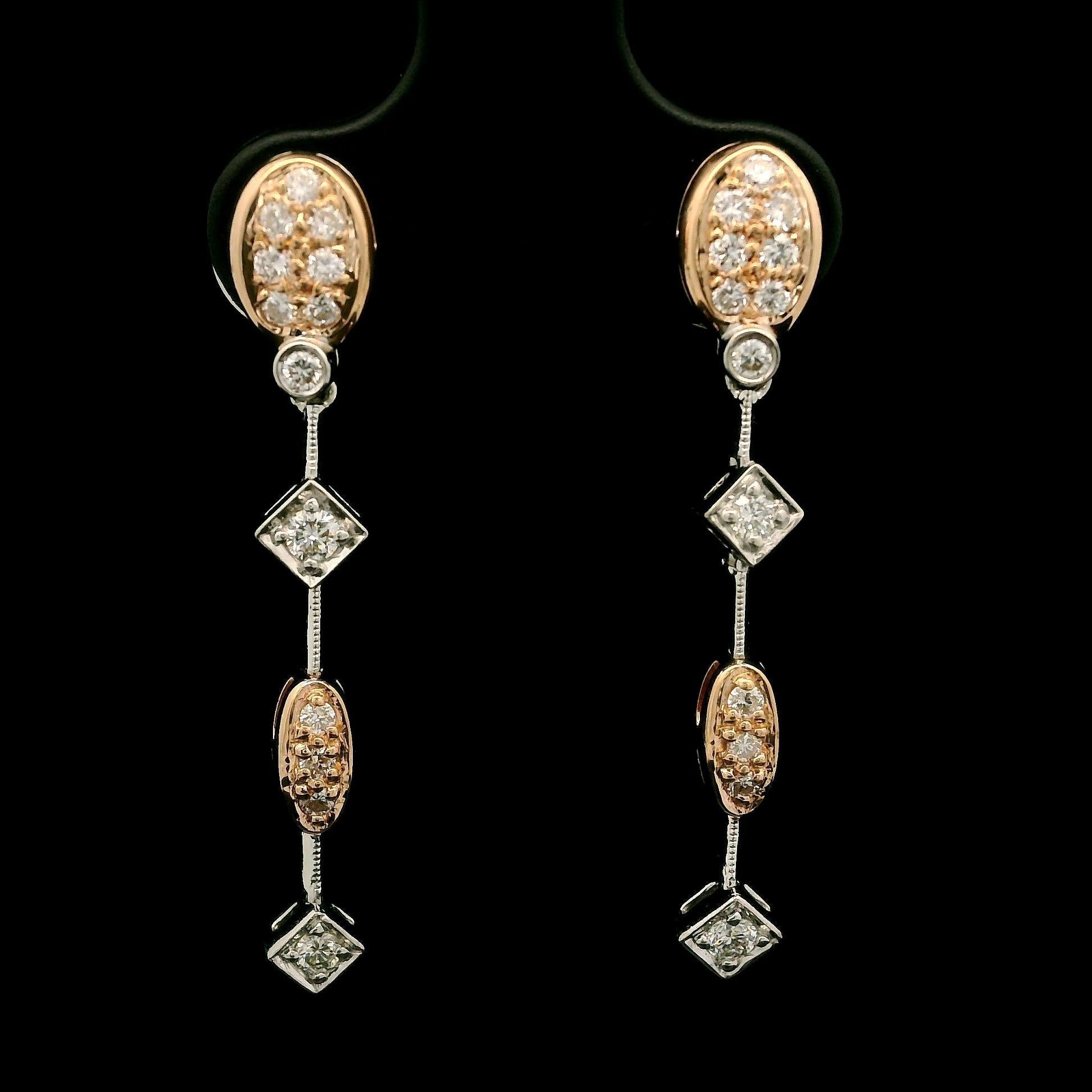 Élégantes boucles d'oreilles pendantes en or rose et blanc 14 carats avec diamants pavés 0,34 carat Excellent état - En vente à Montclair, NJ
