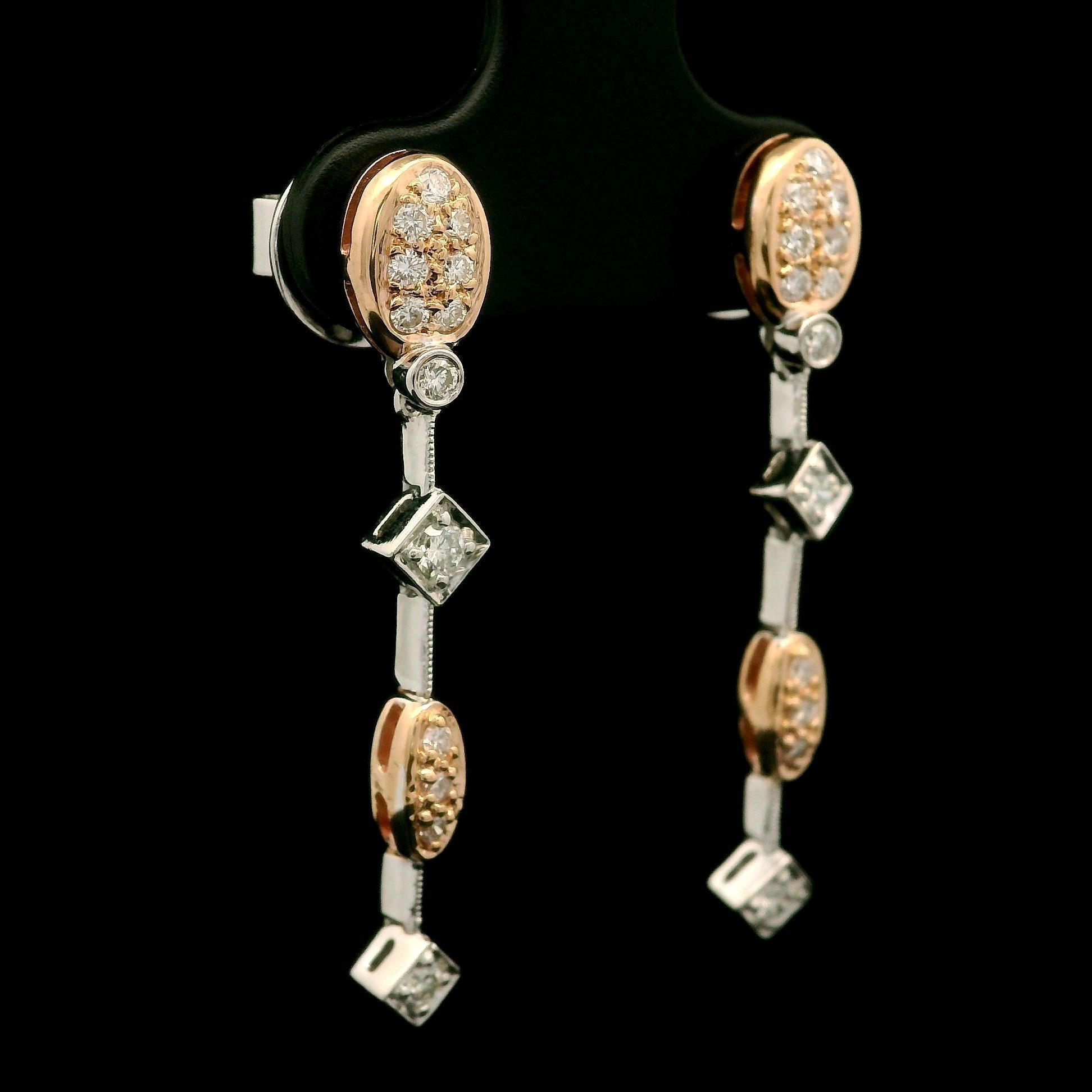 Élégantes boucles d'oreilles pendantes en or rose et blanc 14 carats avec diamants pavés 0,34 carat Pour femmes en vente