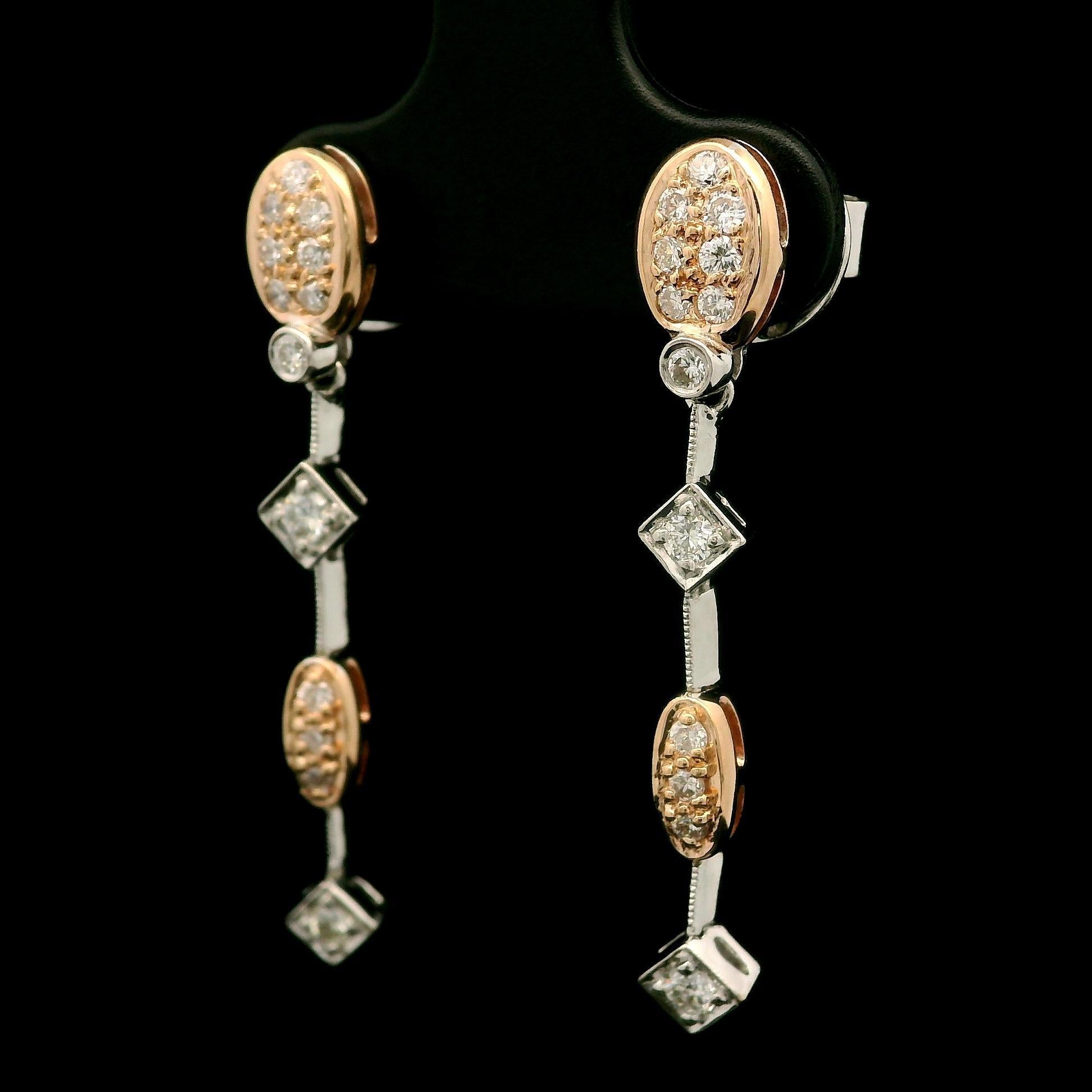 Élégantes boucles d'oreilles pendantes en or rose et blanc 14 carats avec diamants pavés 0,34 carat en vente 1