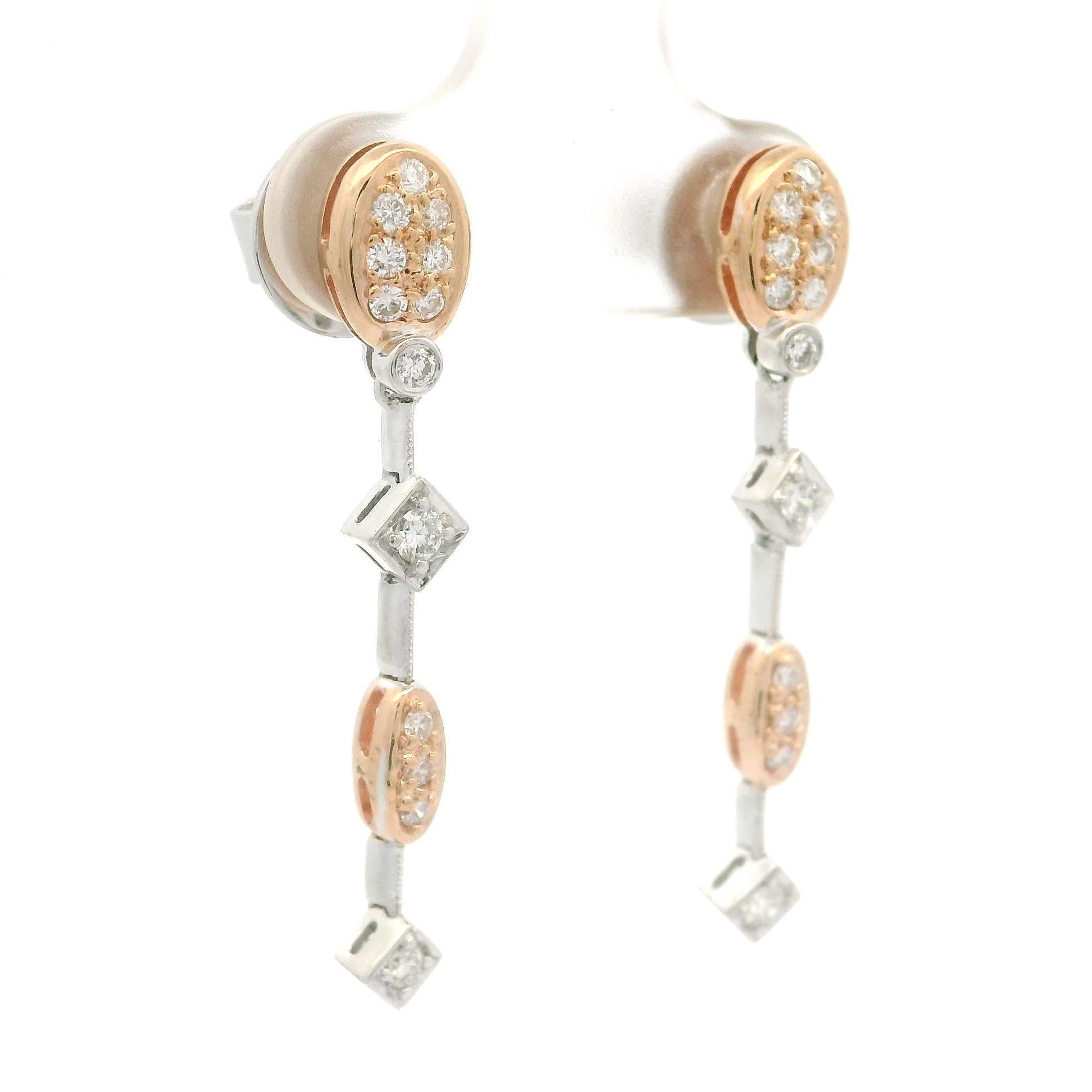 Élégantes boucles d'oreilles pendantes en or rose et blanc 14 carats avec diamants pavés 0,34 carat en vente 2