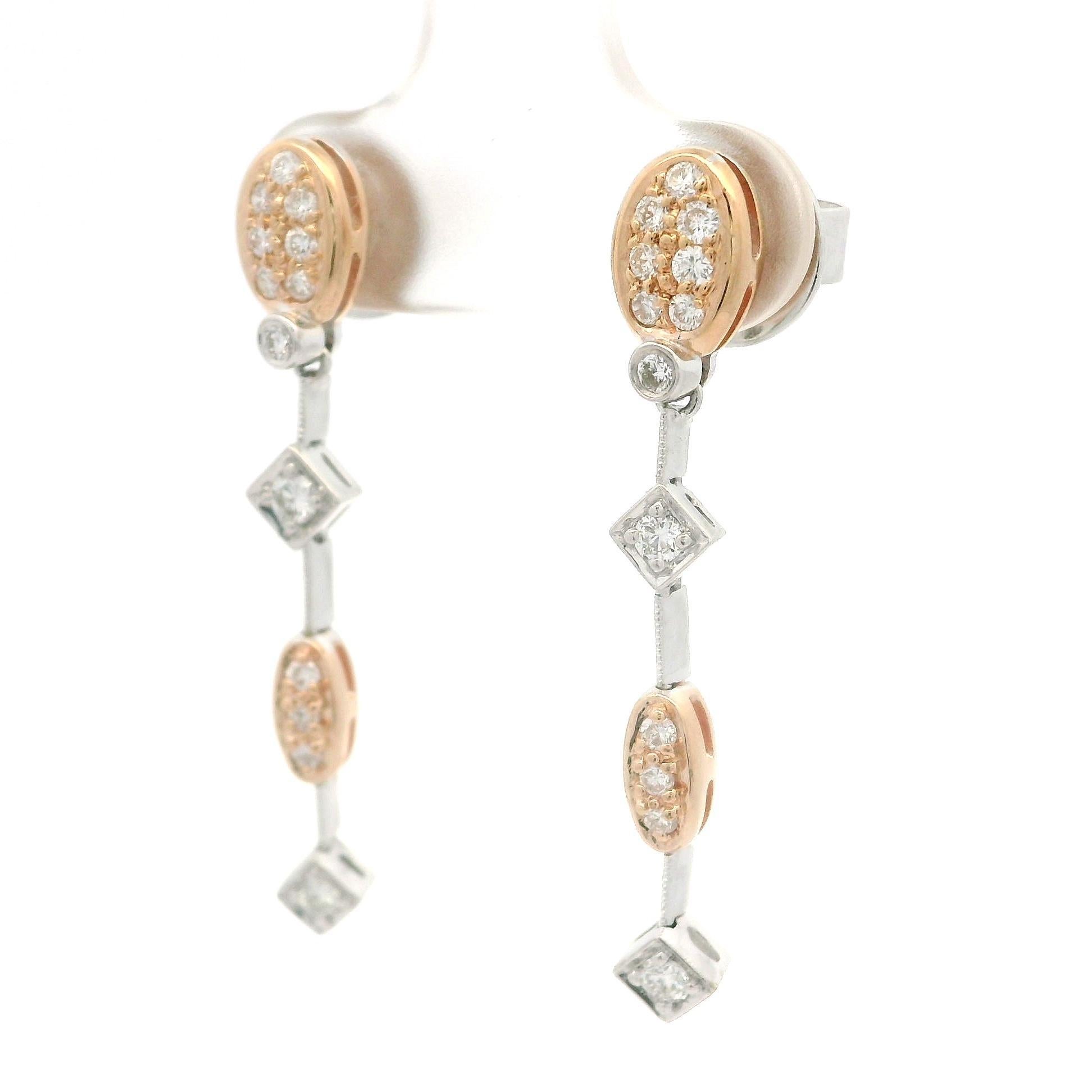 Élégantes boucles d'oreilles pendantes en or rose et blanc 14 carats avec diamants pavés 0,34 carat en vente 3