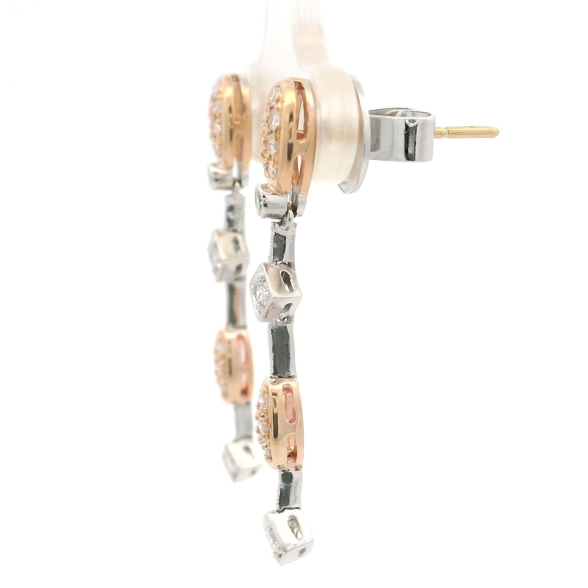 Élégantes boucles d'oreilles pendantes en or rose et blanc 14 carats avec diamants pavés 0,34 carat en vente 4