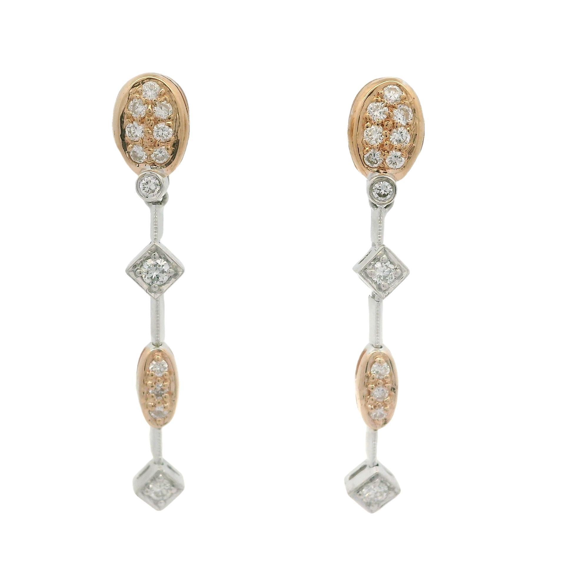Elegant 14k Rose & White Gold 0.34ctw Pave Diamond Dangle Drop Earrings