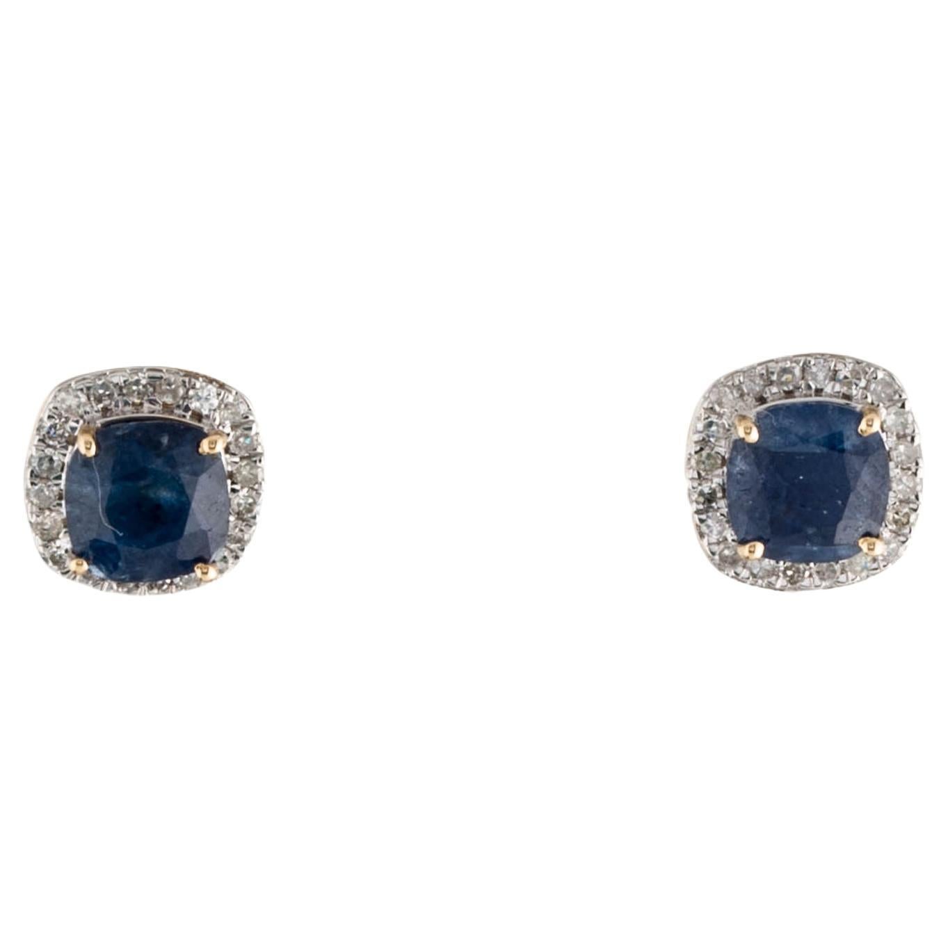 Elegant 14K Sapphire & Diamond Stud Earrings with Cushion Brilliant Gems