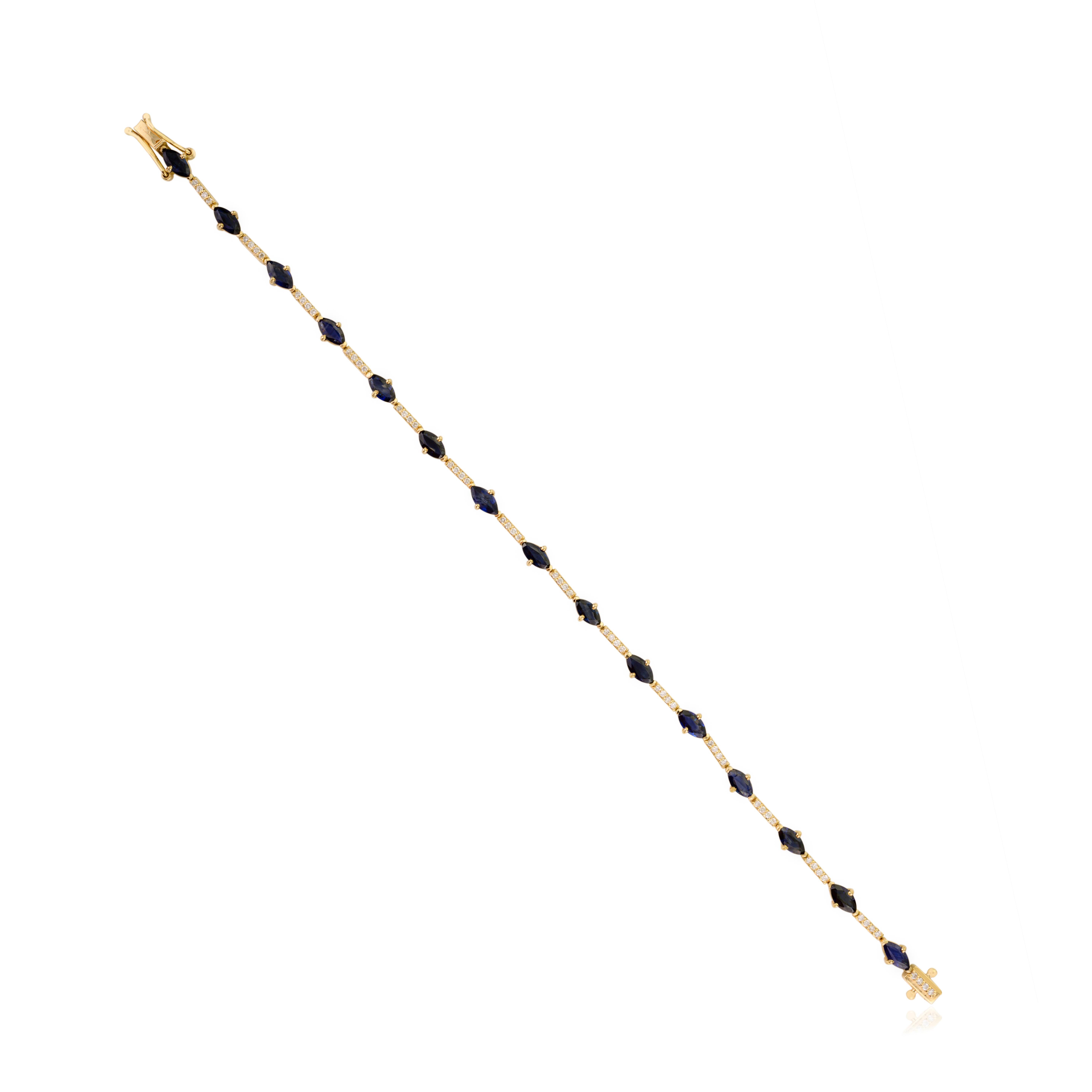 Art Deco Elegant 14k Solid Yellow Gold Marquise Blue Sapphire & Diamond Tennis Bracelet For Sale