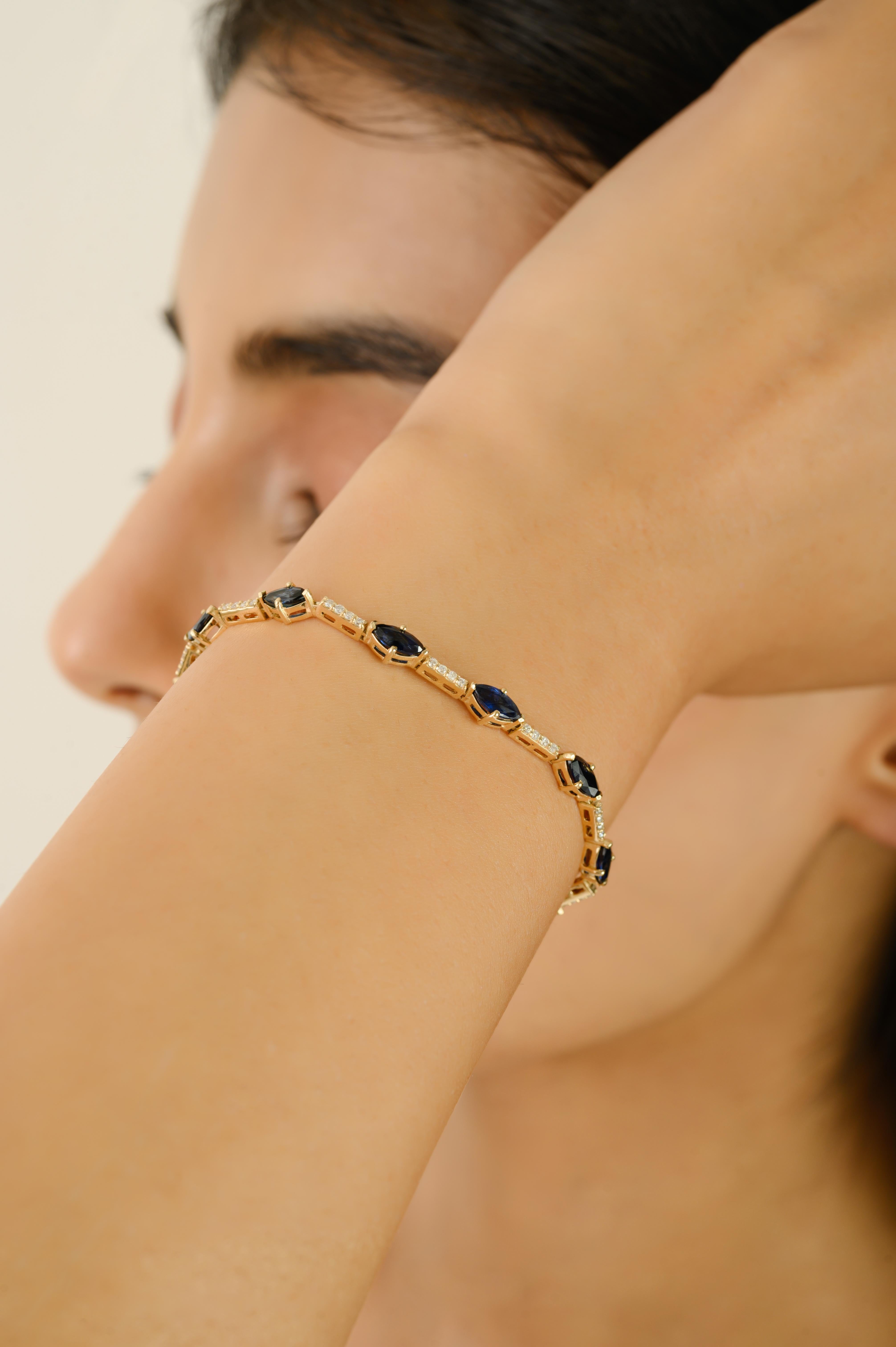 Marquise Cut Elegant 14k Solid Yellow Gold Marquise Blue Sapphire & Diamond Tennis Bracelet For Sale